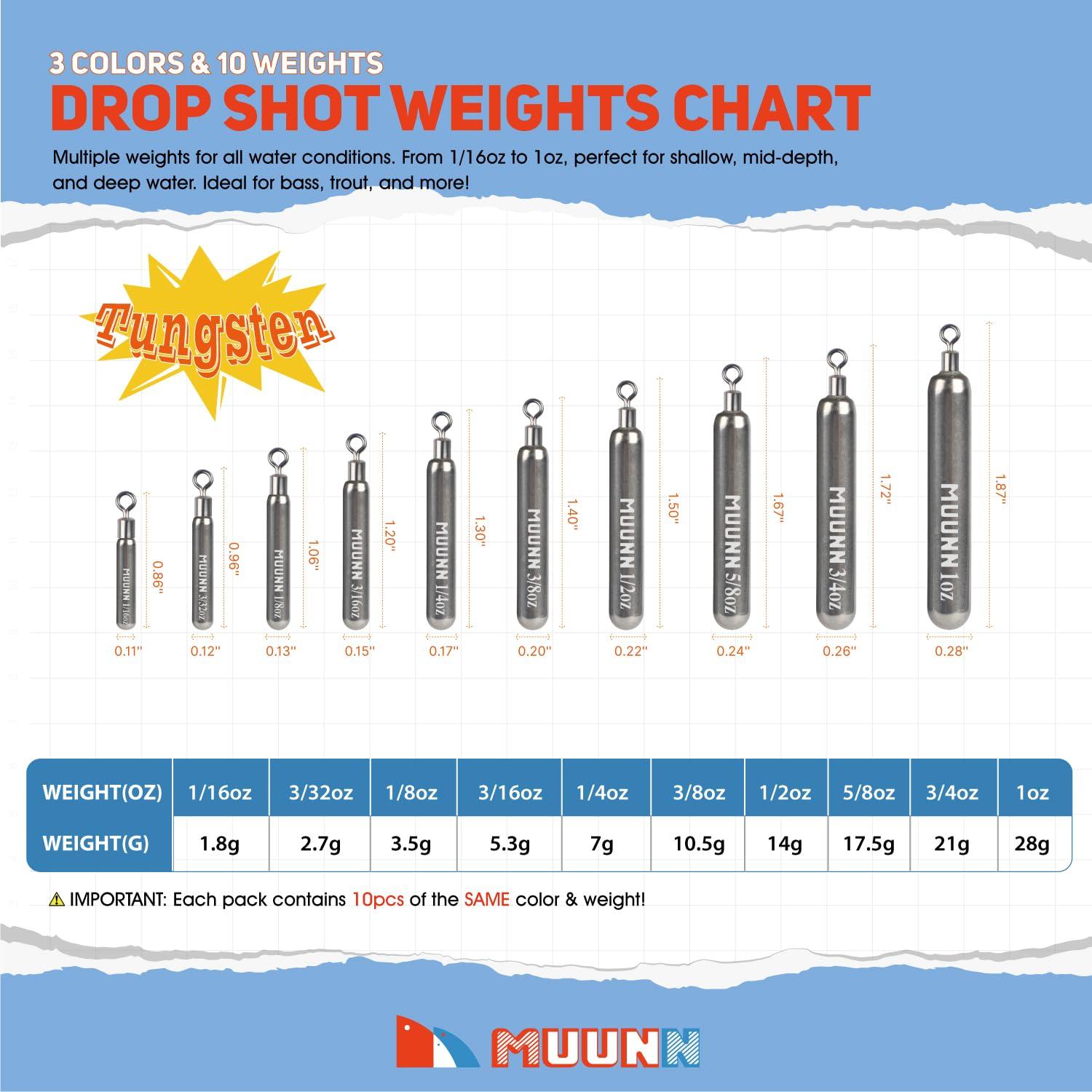 MUUNN MUUNN 10 Pack Tungsten Free Rig Skinny Drop Shot Weights,Raindrop Free Rig Fishing Sinkers kit for Drop Shot Rig(Plain,3/32oz)