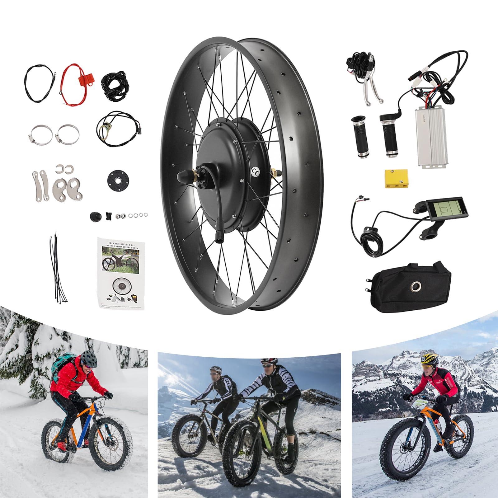 GOSHET 26" E-Bike Rear Wheel Conversion Kit, 48V 1200W Fat Snow Tire Motor Kit Electric Bike Wide Rear Wheel Hub Motor Brushless Gearless Motor with LCD Display for Snow Bikes Electric Bikes and Motorbikes