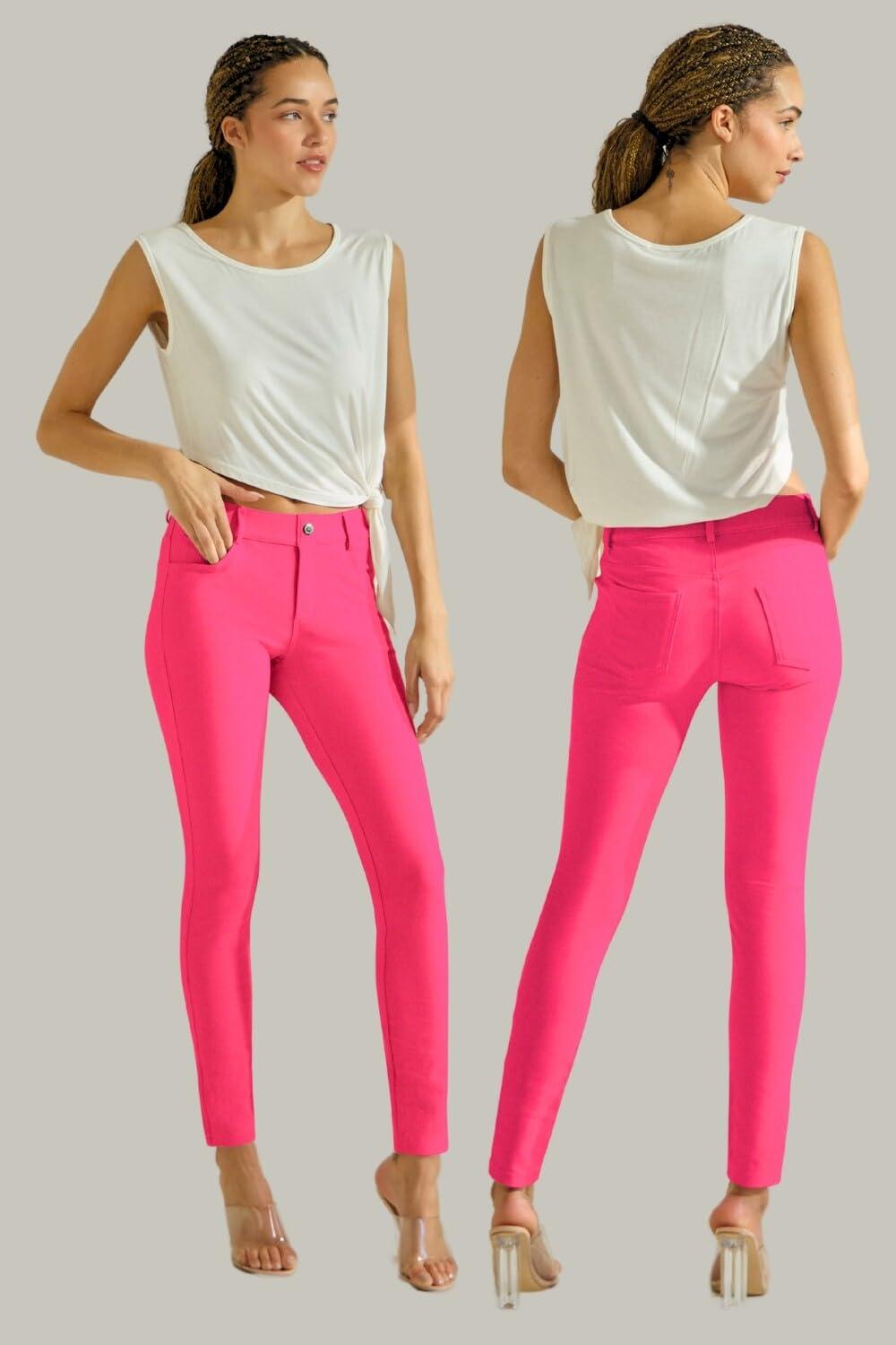 ICONOFLASH Women's 5 Pocket Stretchy Jeggings Pull On Skinny Fit Comfortable Jean Leggings Fuchsia Pink Size Small