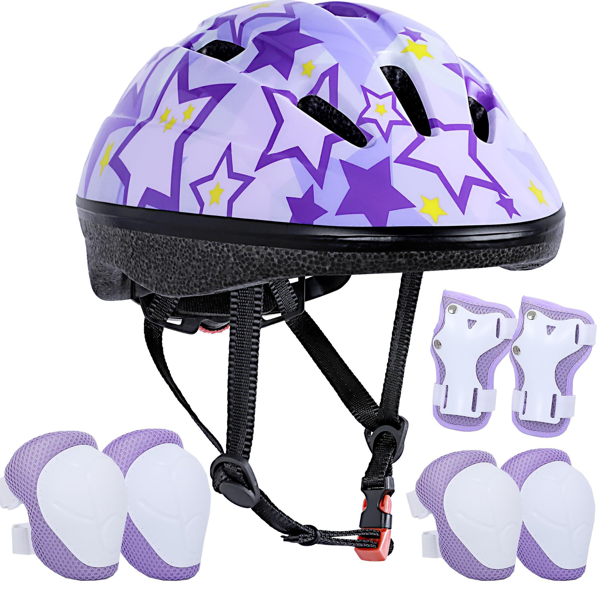 Asslen Asslen Kids Bike Helmet Suitable for Ages 3-8 Years Boys Girls, Adjustable Toddler Helmet with Knee Elbow Pads Wrist Guards Sports Protective Gear Set for Bike Bicycle Skateboard Scooter-Purple