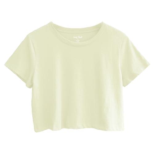Loving People Women's Loose Fit Crop Tops Round Neck Short Sleeve Casual 100% Cotton Cropped Top Tee T-Shirt, Off-White, Small