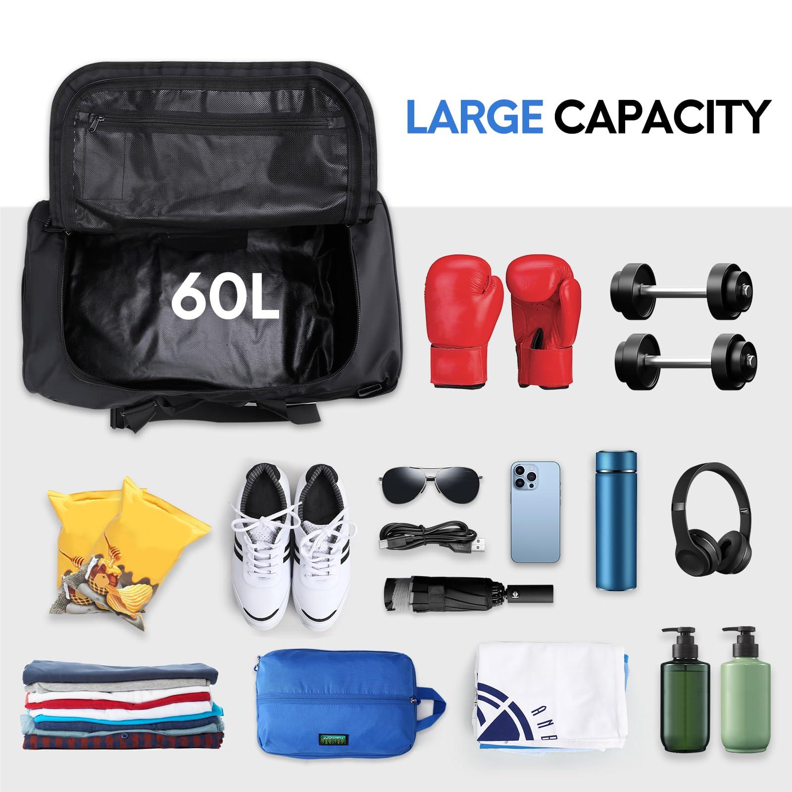 Haimont Haimont Travel Duffel Backpack Bag 60L for Men Large Sports Duffle Bags with Backpack Straps for Hiking Camping Gym Workout, Water Resistant, Black