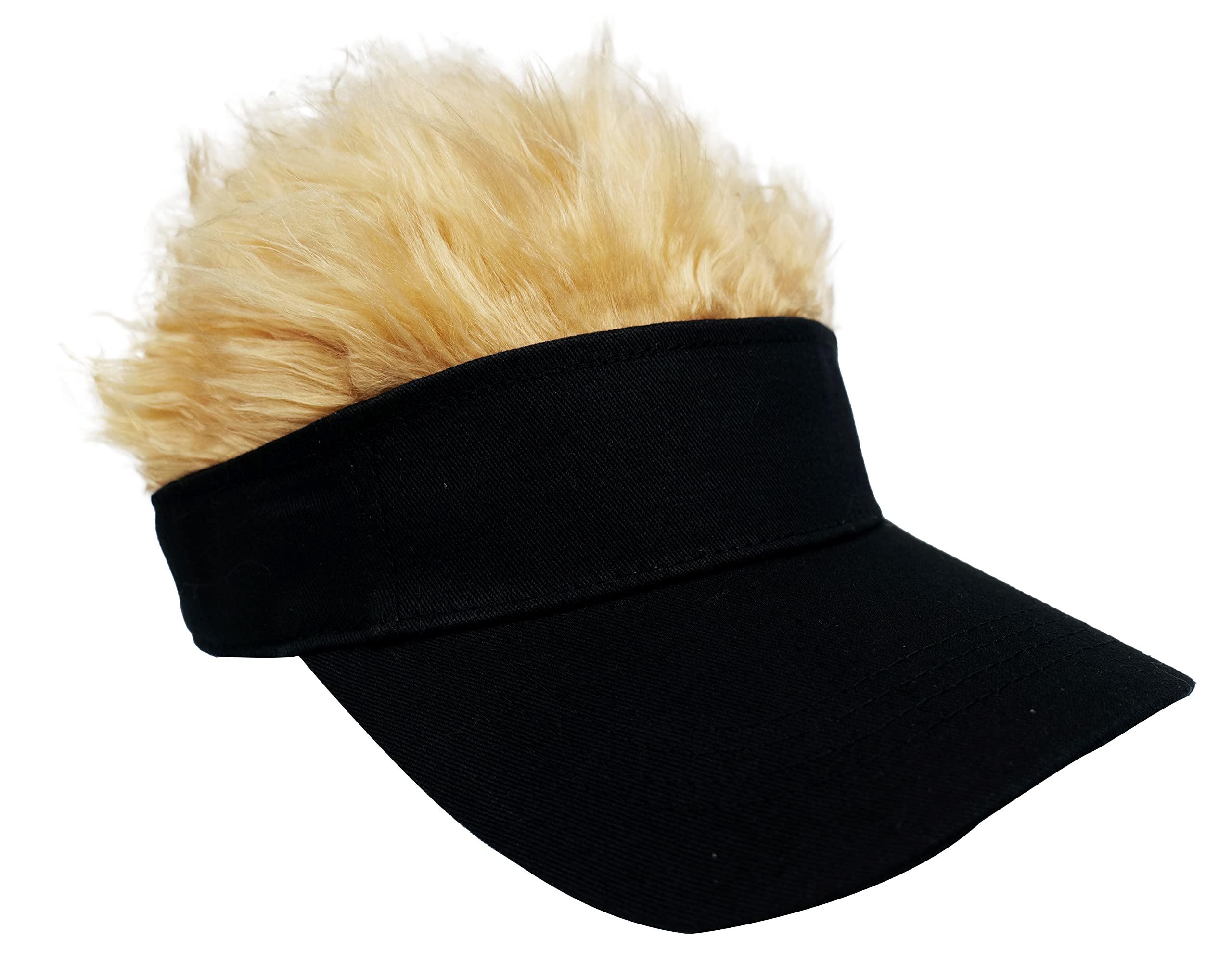 HAFKOIS Men's Visor with Hair Fake Hairs Visor Hat with Hair for Men Funny Spiked Sun Hats Novelty Baseball Wig Caps Birthday Gift (Gold and Black)