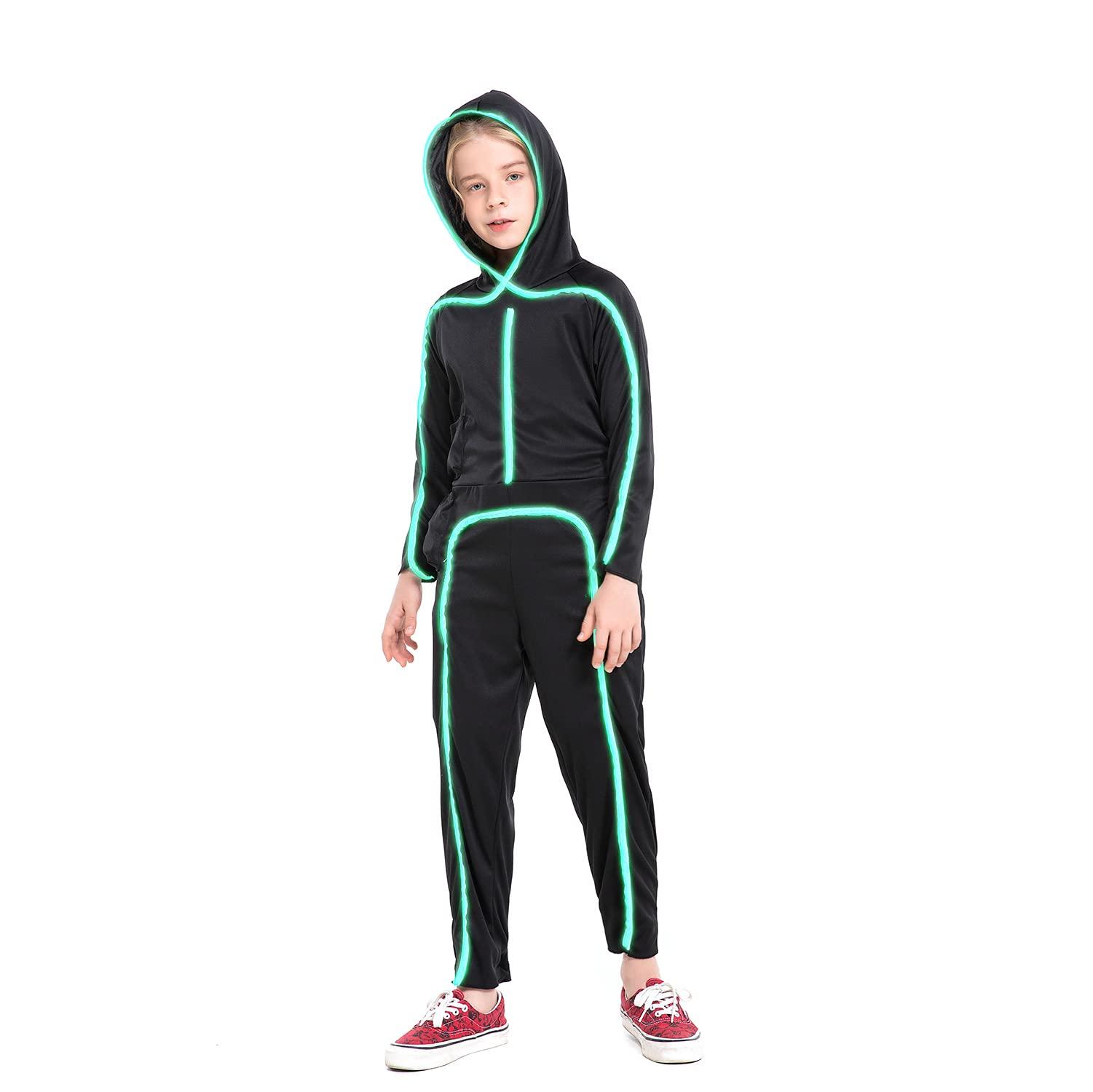 HSCTEK HSCTEK Light Up Stick Figure Costume Kids, Led Stick Man Costumes Child Boys Girls, Halloween Glow in Dark Stickman Cosplay Youth(Fluorescent Green, 1012)
