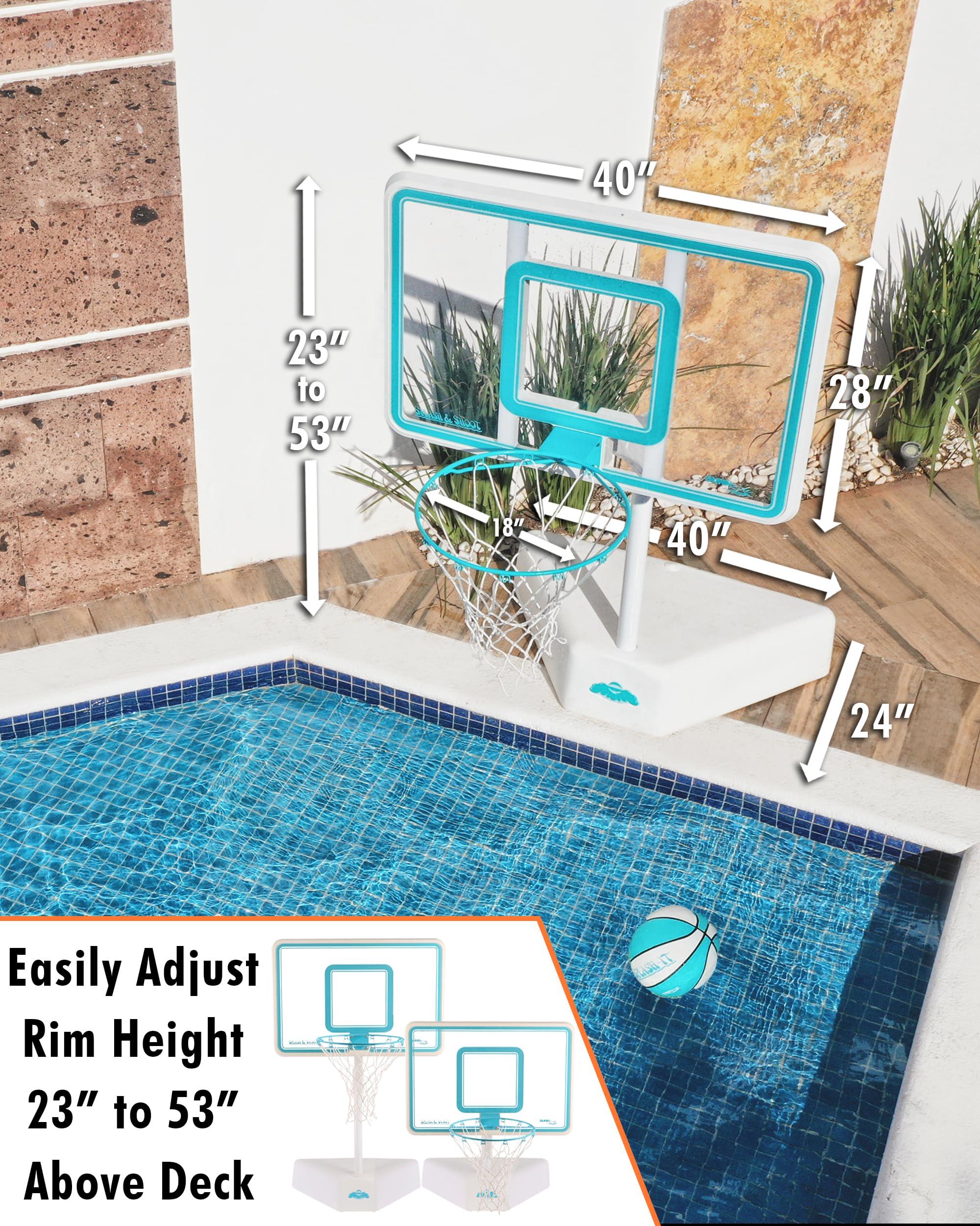 DUNNRITE Dunn-Rite Splash & Shoot Outdoor Adjustable Height Swimming Pool Basketball Hoop w/Ball, Base, & 18 Inch Stainless Steel Rim, Made in USA, Clear