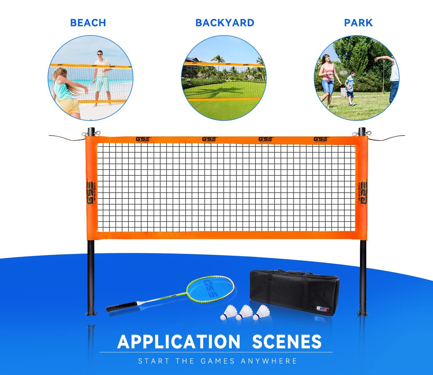 GSE Games & Sports Expert GSE Badminton Sets with Net, Portable Complete Badminton Sets for backyards with net with 4 Rackets,Portable Badminton Net,3 Birdies