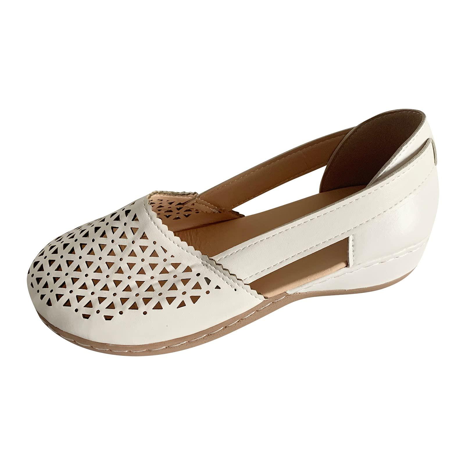 Hbeylia Hbeylia Women's Wedge Ballet Flats Vintage Boho Hollow Out Square Toe Leather Slip On Loafers Soft Comfort Bohemian Platform Walking Shoes Dress Beach Shoes for Women Ladies Travel White