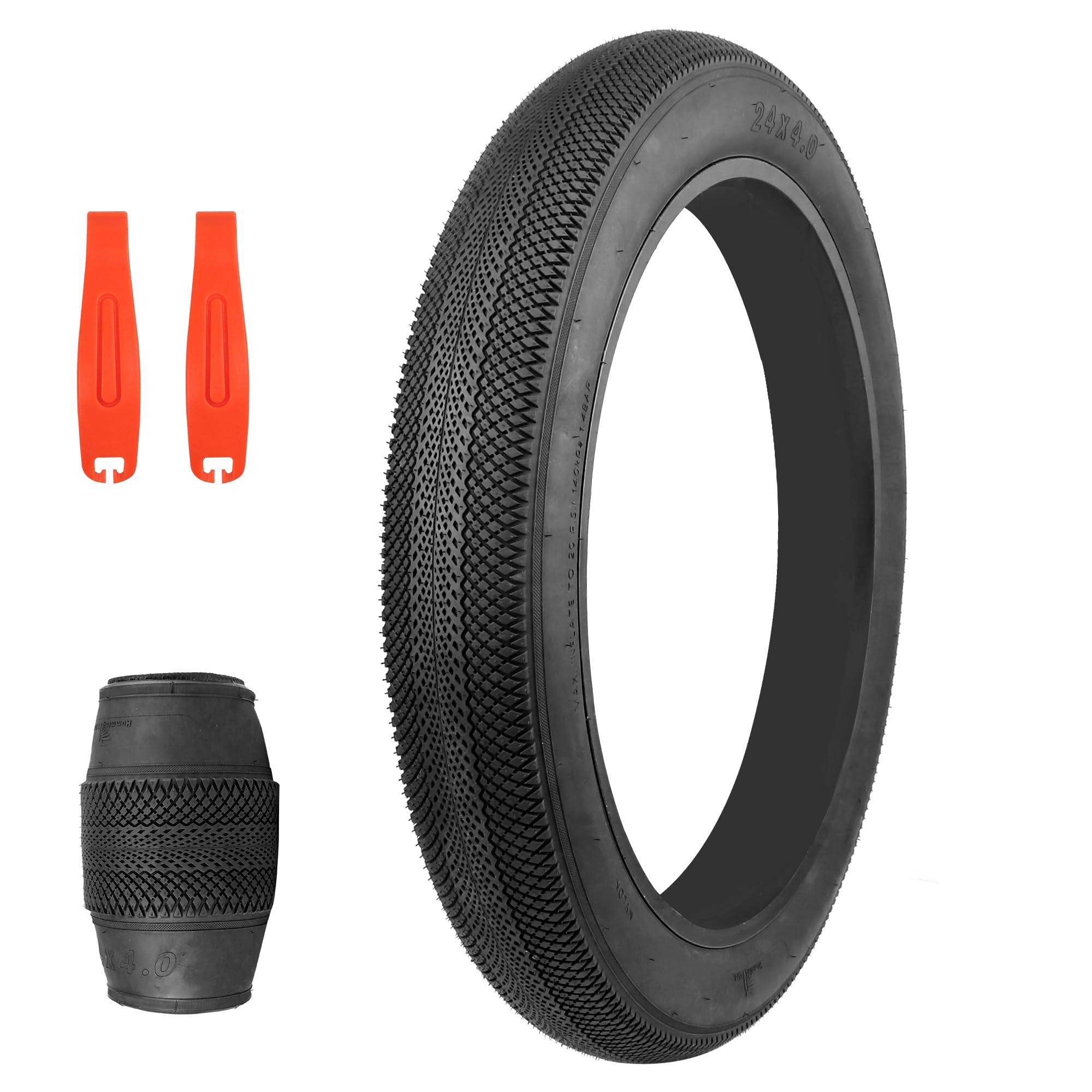 MEGHNA MEGHNA Bike Tire 20/24/26 x 4.0 Mountain Bike Fat Tire with Tubes Groove Tread Foldable Tire 24 inch Replacement for Snow Bike Fat Bike Electric Bike (Black - 1 Tire, 24 x 4.0 inch)