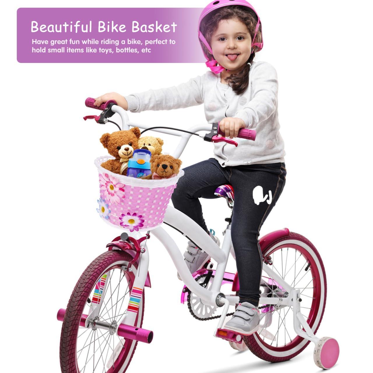Garneck Garneck Girls Bike Basket, Basket Front Handlebar Basket with Flowers Kids Girls Bike Accessory Plastic Storage Scooter Bike Basket, 9x5.9x5.5 Inch