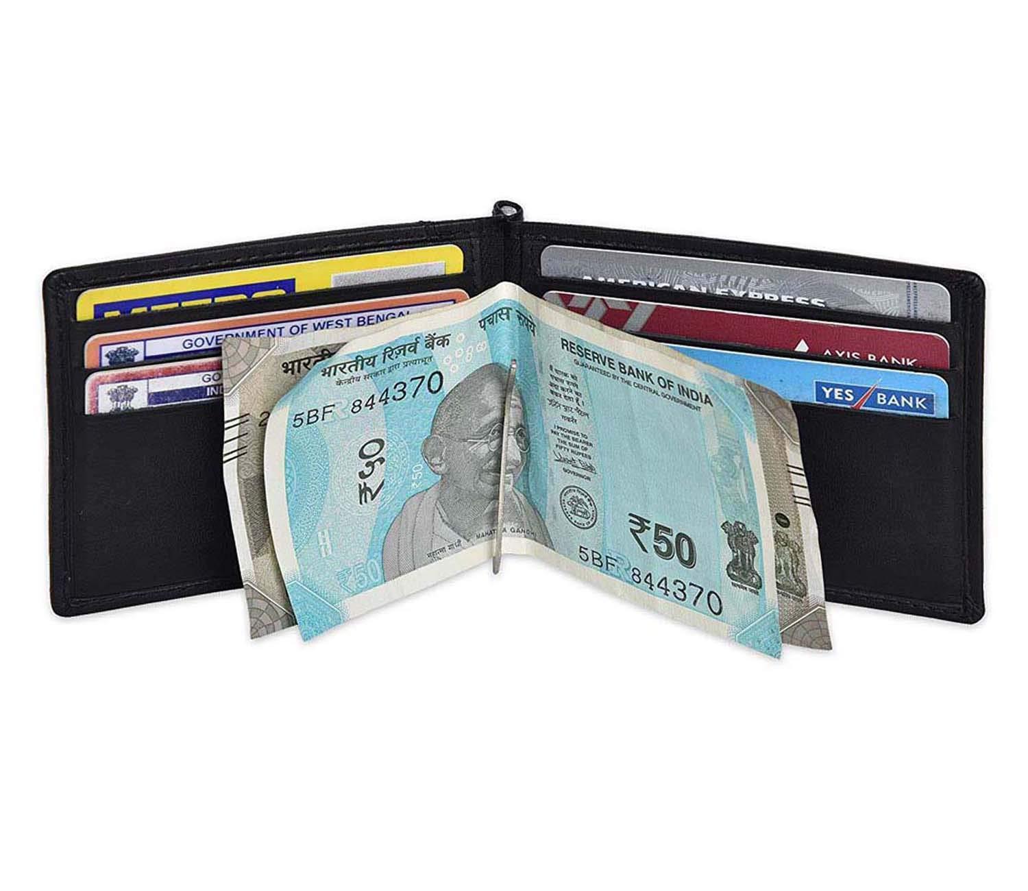 mtuggar mtuggar RFID Protected Real Leather Black for Men`s/Women's Money Clip Wallet/Slim Card Holder, 6 Card Slots 2 Inside Pocket and Money Clip (MT-900-BLK), black, RFID