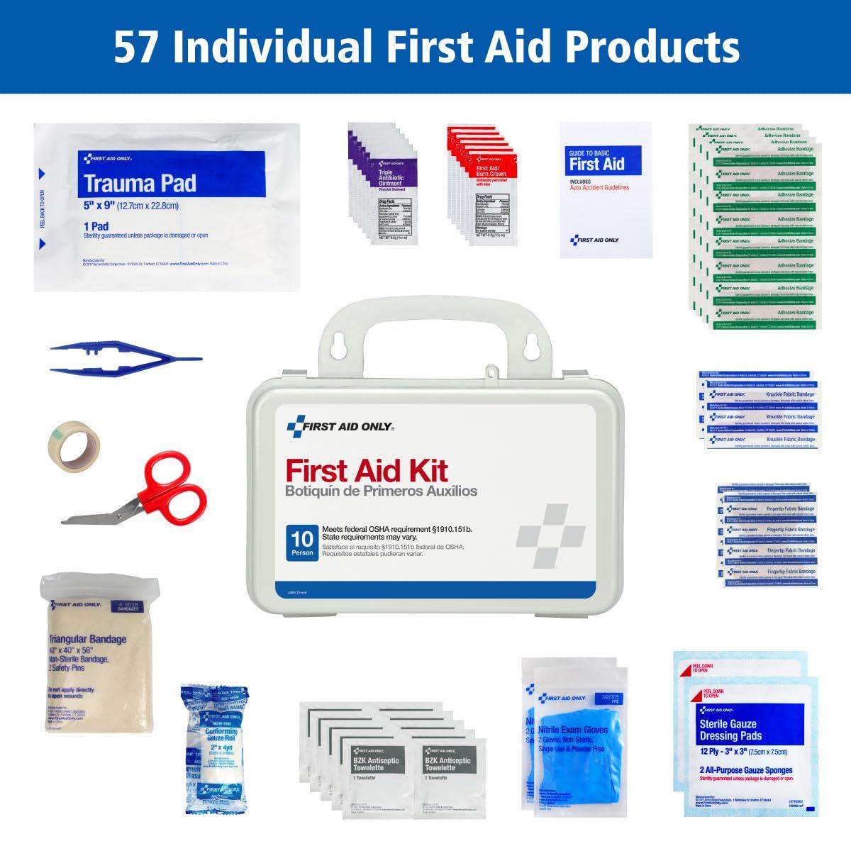 First Aid Only First Aid Only 6060 All-Purpose 10-Person Emergency First Aid Kit for Business, Worksite, Home, and Car, 57 Pieces