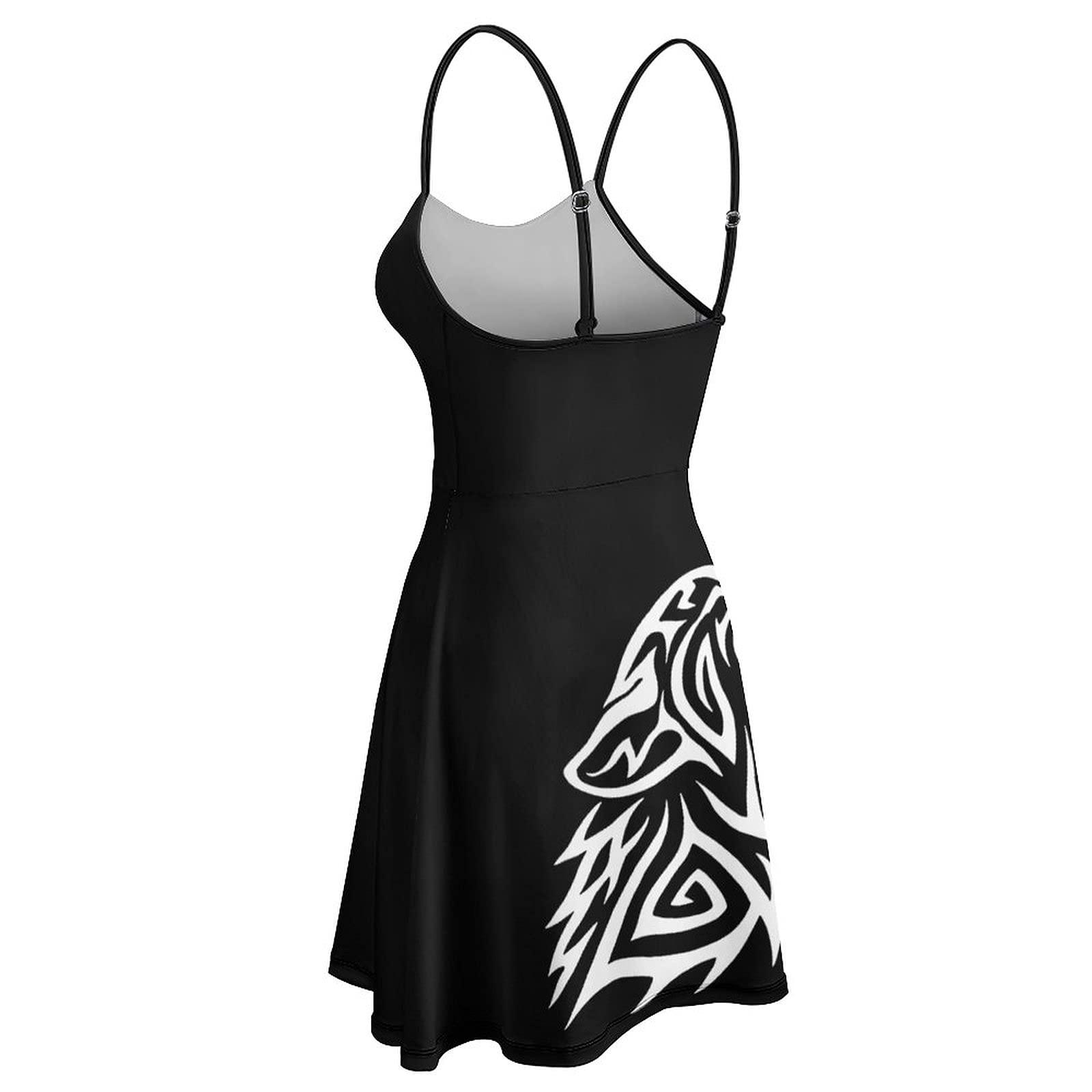 BAIKUTOUAN BAIKUTOUAN Tribal Wolf Howl Women\'s Sleeveless Sundress Skirt Summer Beach Sling Dress