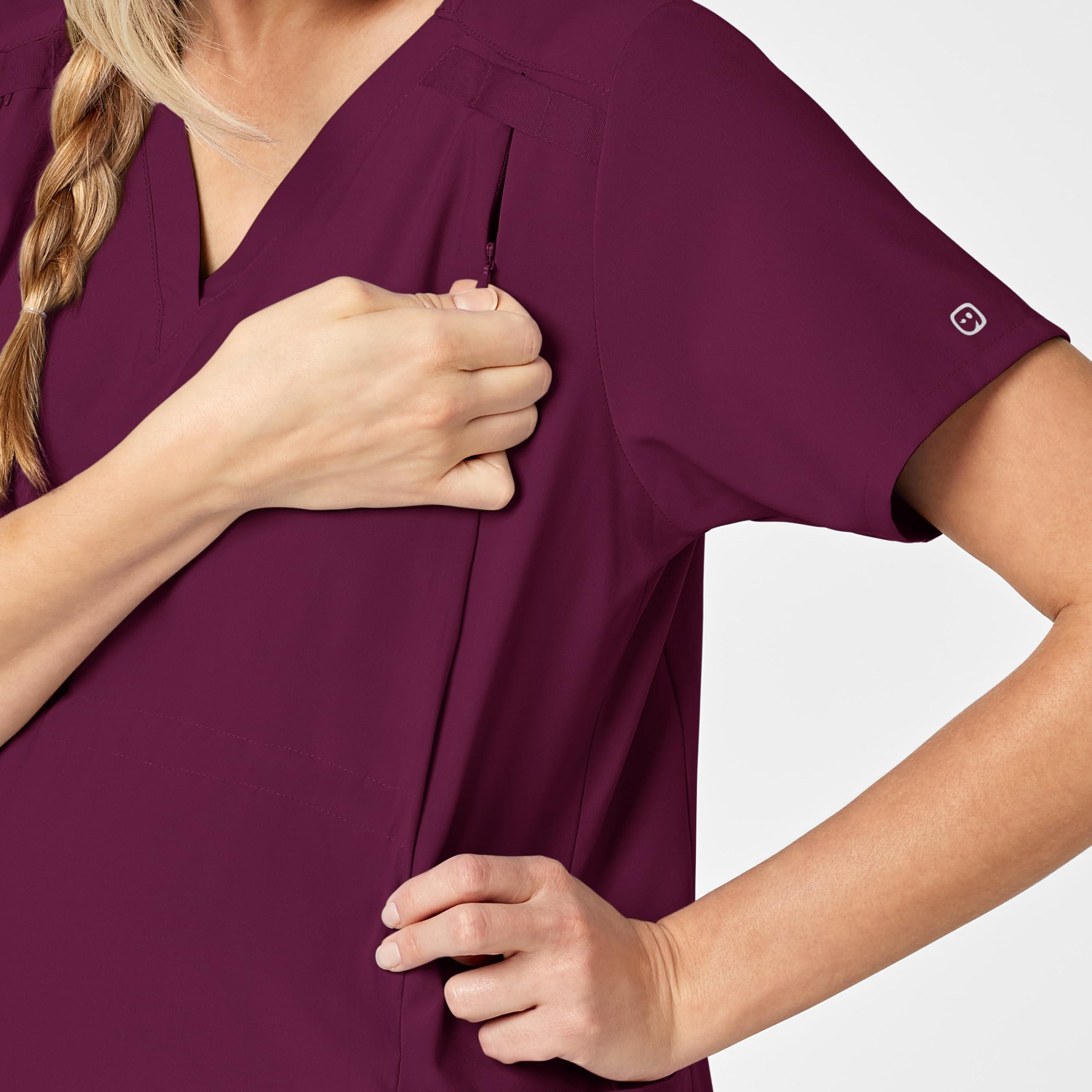 WonderWink Wink Scrubs for Women, W123, Maternity V-Neck Tops with 5 Pockets, Wine, L
