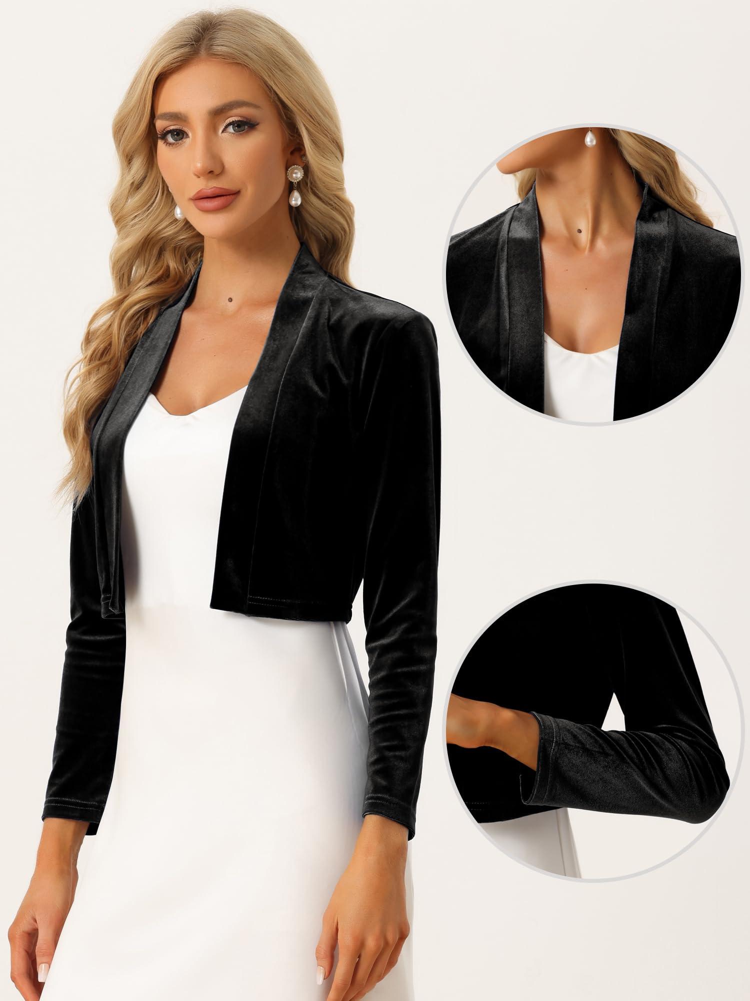 Allegra K Allegra K Velvet Shrug for Women's Long Sleeve Open Front Cardigan Cocktail Party Cropped Bolero Jacket X-Small Black