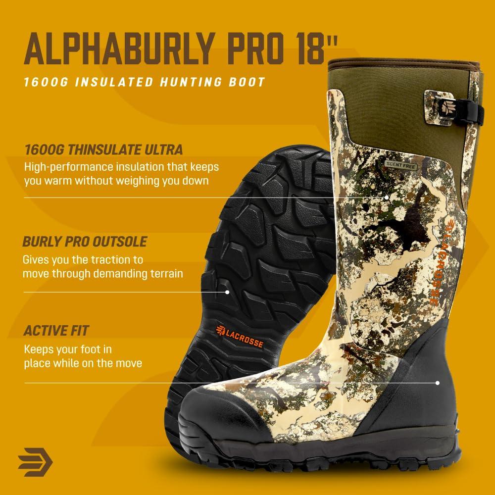 LaCrosse LaCrosse Alphaburly Pro 18" Insulated Hunting Boots for Men Featuring Waterproof Rubber, 1600G Thinsulate, and EVA Footbed, First Lite Specter - 6