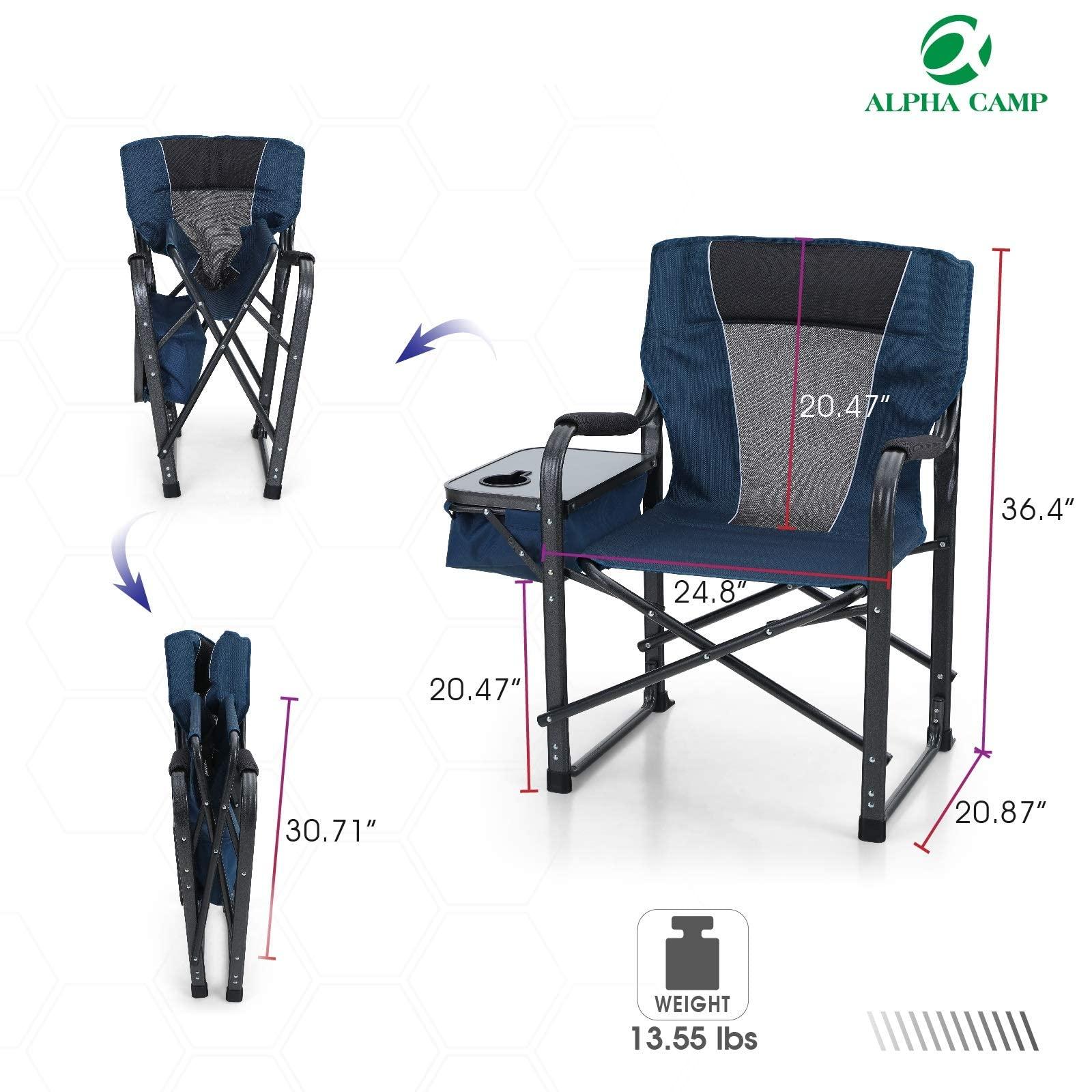 ALPHA CAMP ALPHA CAMP Director Chair with Side Table Heavy Duty Portable Chair with Cup Holder Cooler Bag Steel Outdoor Folding Chair for Adults Oversized Lawn Chair for Camping, PicnicCapacity-350 lbs