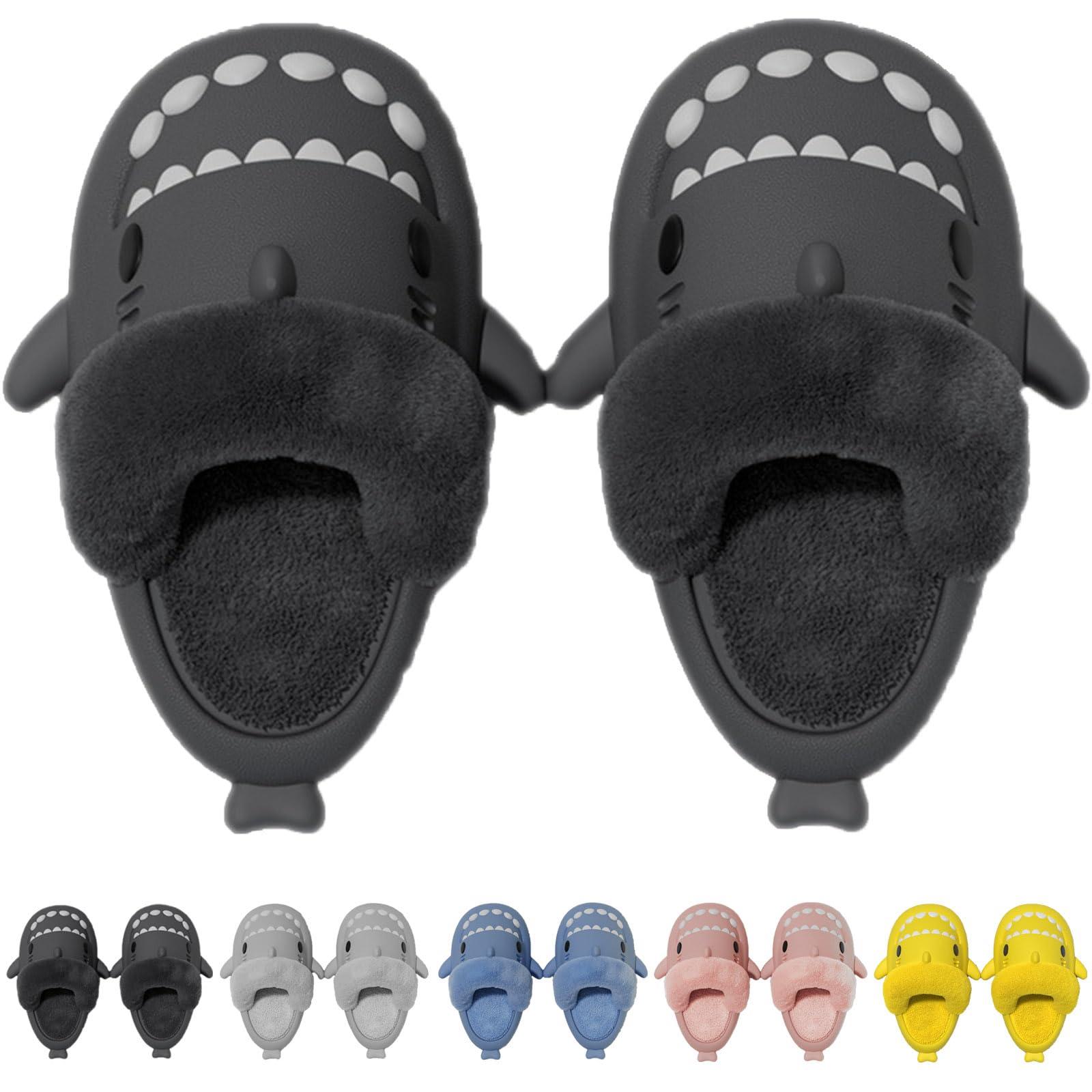 Jfxgjuv Jfxgjuv Sharklas Polares, Sharklas Originales, Sharky Chanclas De Invierno, Summer and Winter Shark Slides Detachable Warm Fuzzy Slippers (Black,12-13 Little Kid)