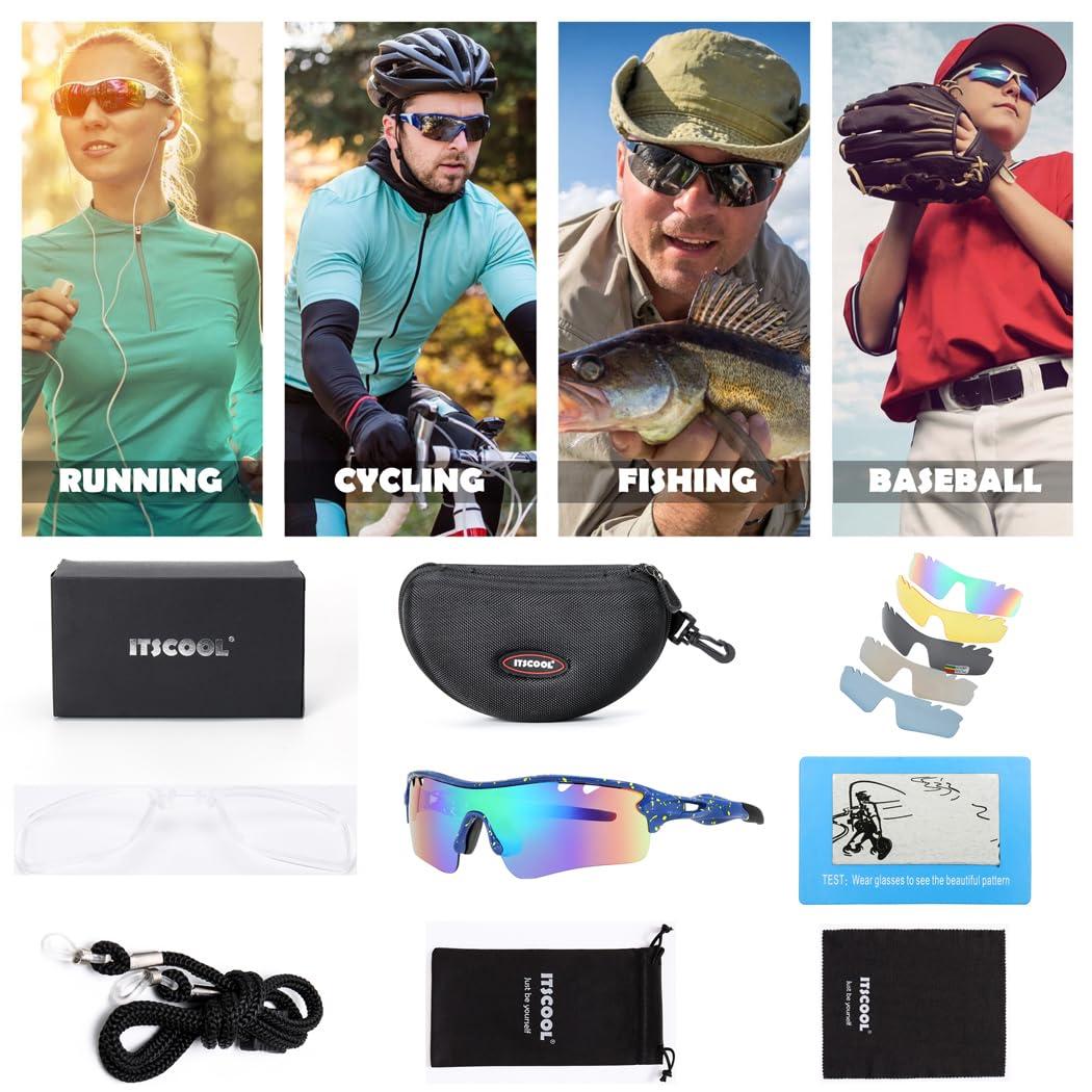 ITSCOOL ITSCOOL Polarized Sports Sunglasses with 5 Interchangeable Lenses for Men Women Softball Baseball Running Cycling Glasses Blue Green