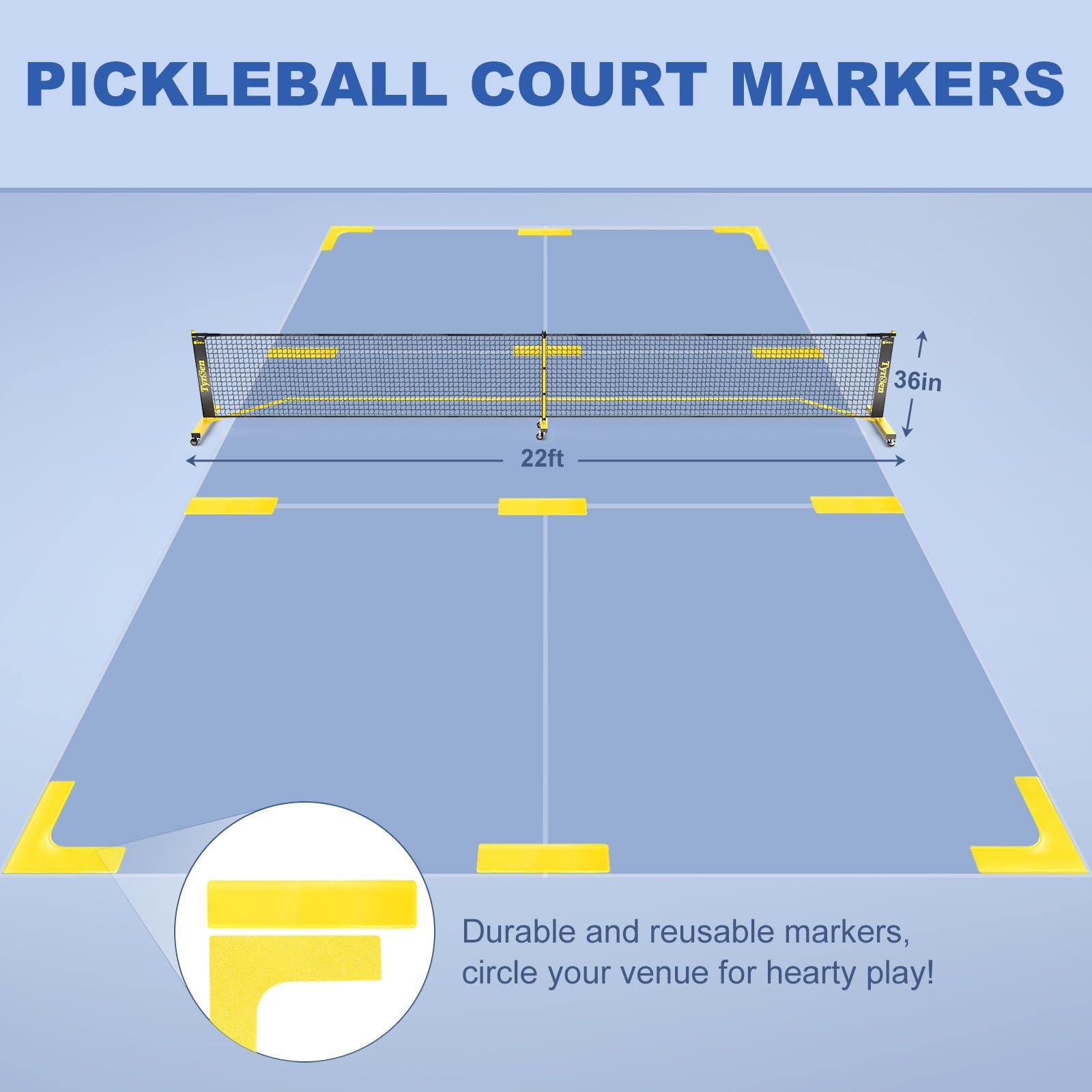 TYRSEN TYRSEN Pickleball Net Set - Pickleball Net on Wheels for Driveway Backyard, 22FT Regular Size, 4 Fiberglass Paddles & 6 Balls, 12 Court Markers, Portable Pickle Ball System with Carry Bag