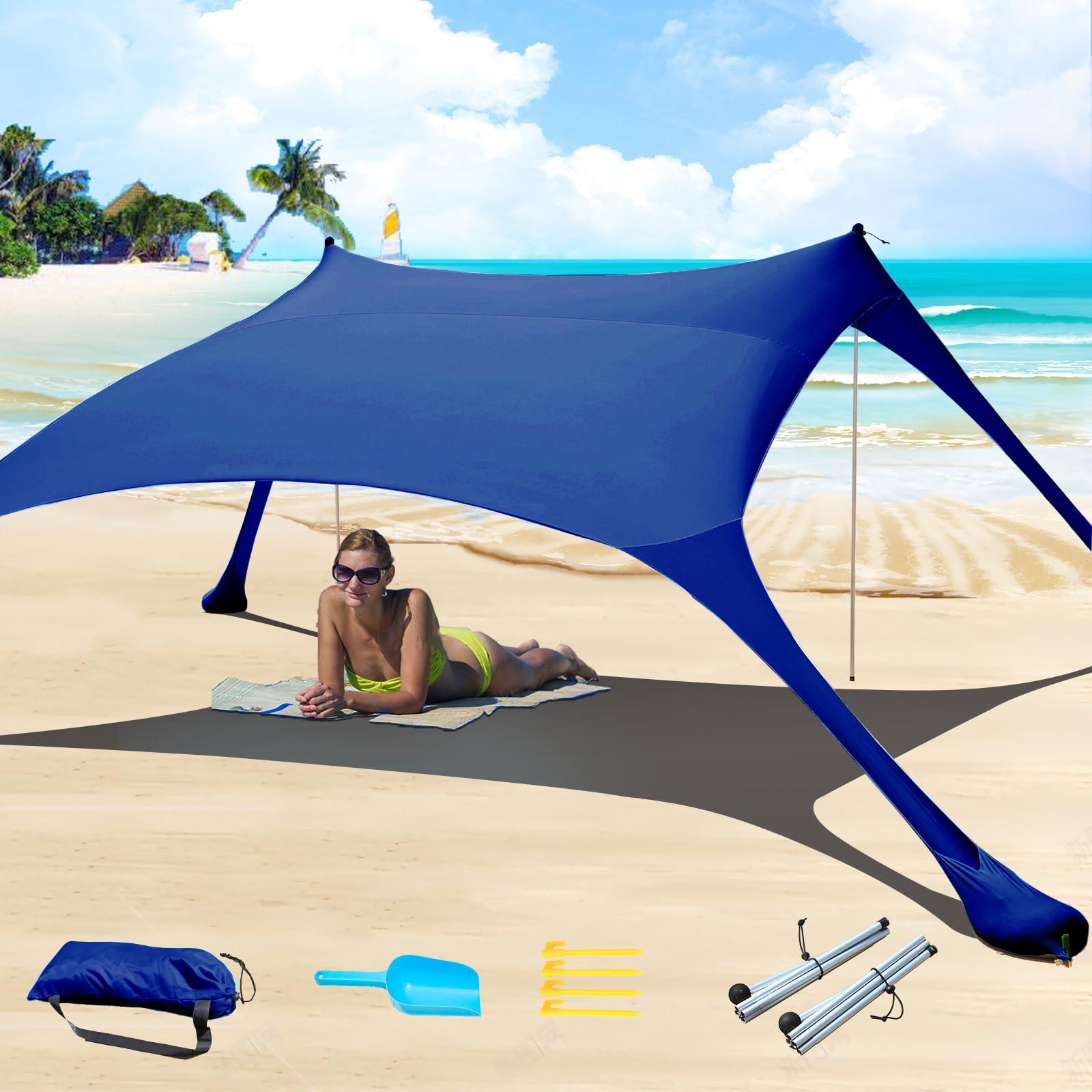 CUUPO 77 FT Beach Tent Sun Shelter UPF50+ UV Protection, Outdoor Canopy Tent Sun Shade with 2 Poles for Camping, Beach, Fishing, Backyard and Picnics Navy