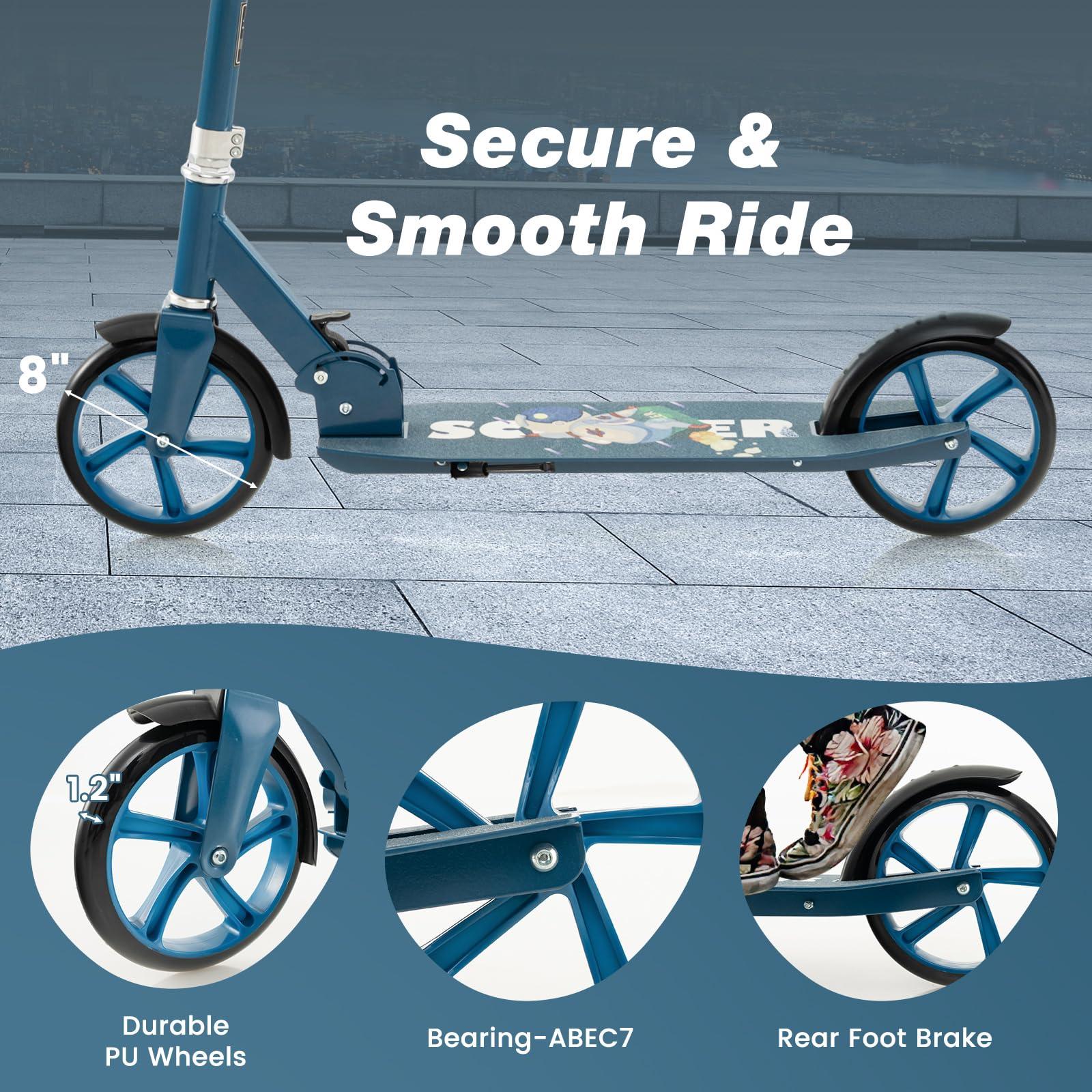 Costzon Costzon Kick Scooter for Kids Ages 8+, Foldable Kids & Adults Scooter with 8-inch Big Wheels, 3 Adjustable Heights, Max Load 220 LBS, Portable Scooters for Teens Boys Girls Gifts Presents (Blue)