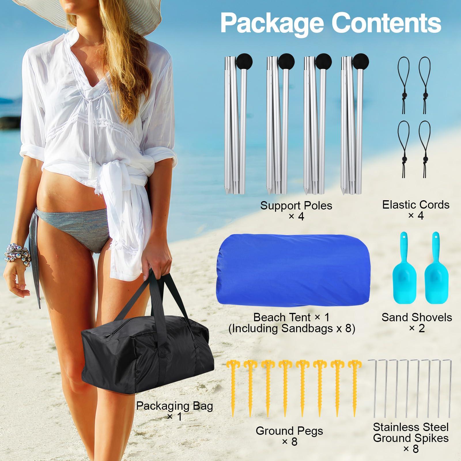 Rhino Valley Rhino Valley Beach Tent, 10 x 10 FT Beach Shade UPF50+ Protection, BeachCanopy with 8 Sandbags 4 Stability Poles, Outdoor BeachTent Sun Shelter Umbrella for Sand, Camping, Fishing Essentials, Indigo