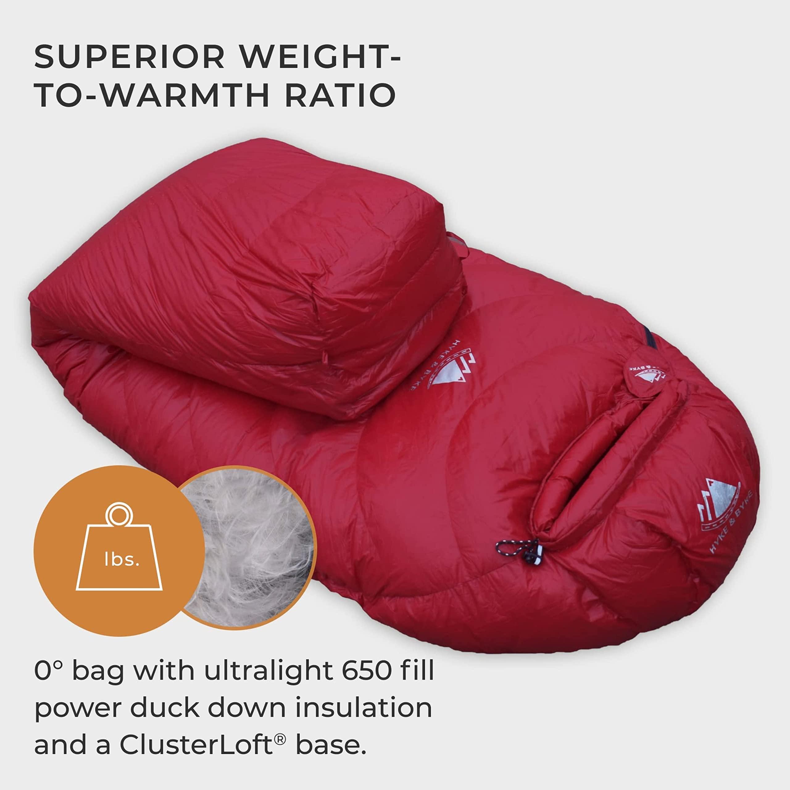 Hyke & Byke Hyke & Byke Snowmass 0F Cold Weather Mummy Hiking & Backpacking Sleeping Bag - Duck Down 650 FP 4 Season Sleeping Bags for Adults - Ultralight with Compression Stuff Sack (Maroon, Short)