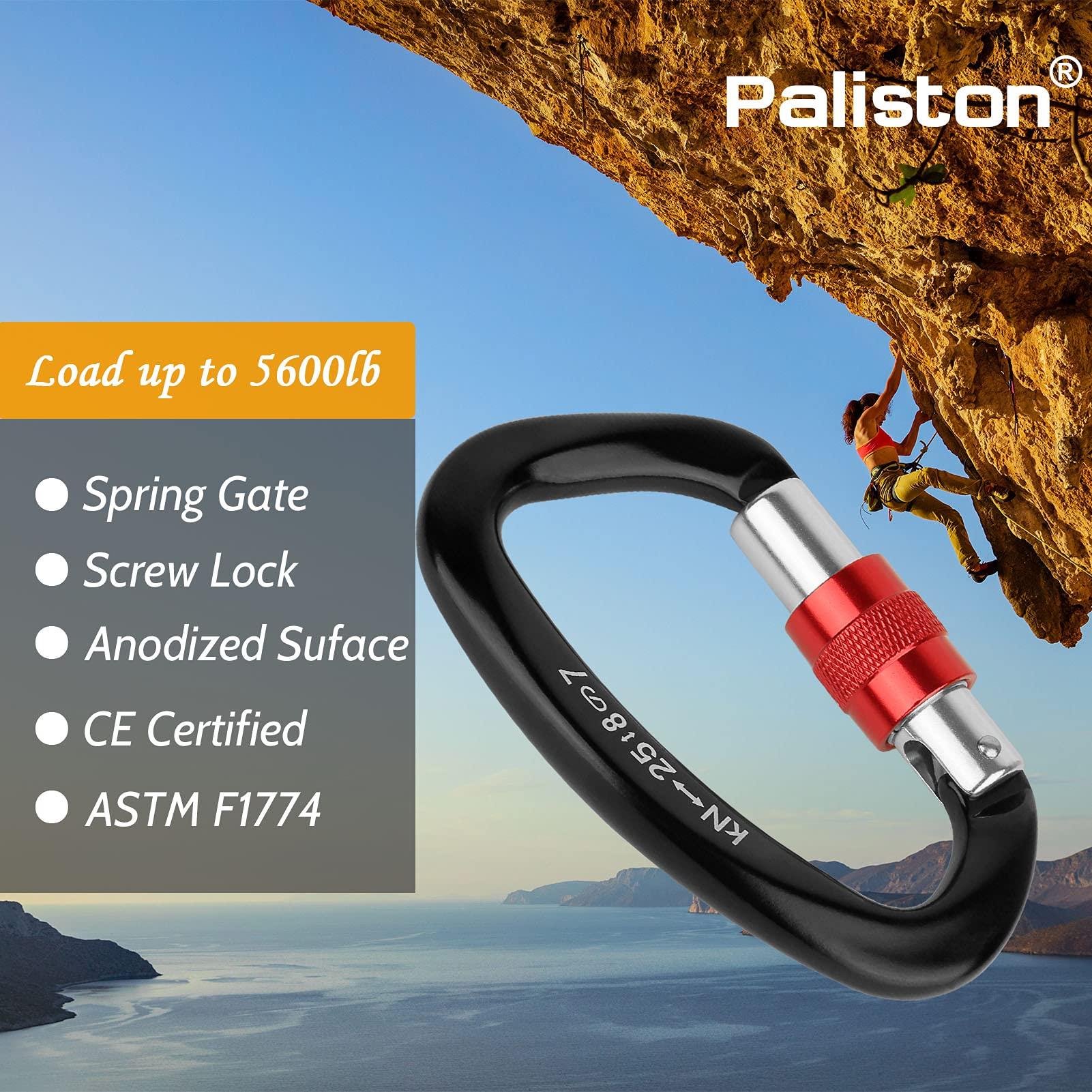 Paliston Locking Carabiner - 25kN 5600lb Climbing Carabiner Screw Gate D Shape Carabiner Black (Pack of 2)
