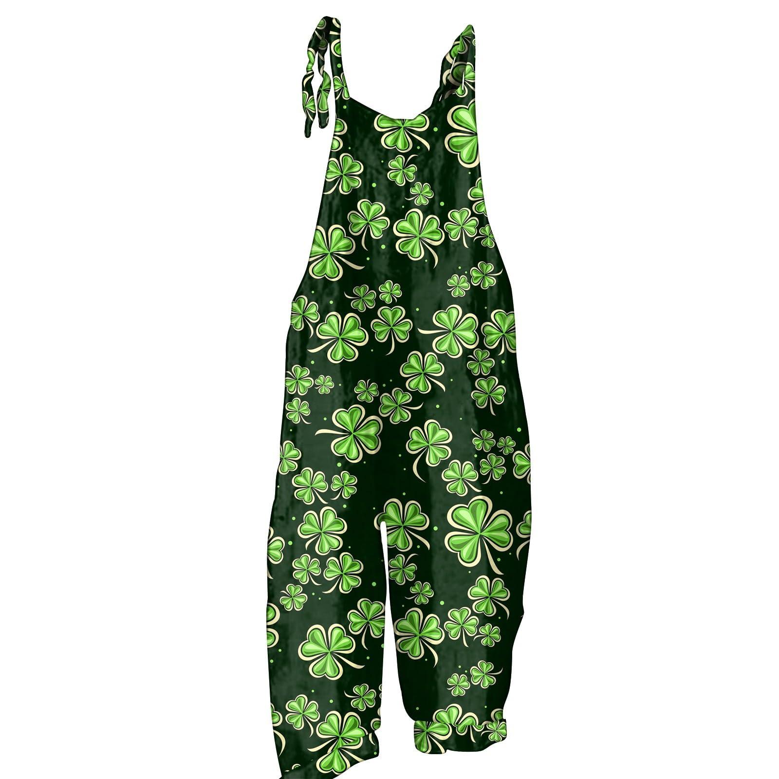Basysin Basysin St. Patrick's Day Overalls for Womens Printed Rompers Spaghetti Strap Jumpsuits Plus Size Loose Overall Long Pants 05-Black Small