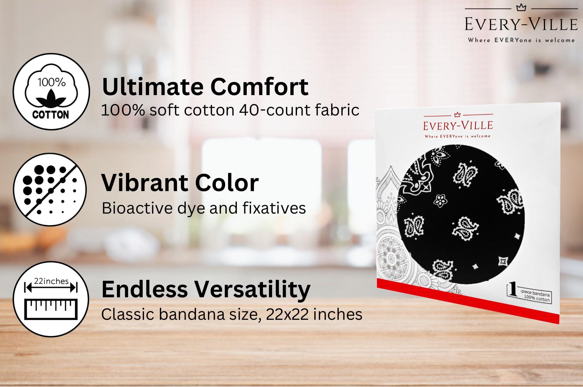 EVERY-VILLE Where EVERYone is Welcome Black Bandana for Men Women- 100% Soft Cotton, Paisley, 22x22 In, 1 Pack - Large Head Bandanna Western Cowboy Handkerchief Scarf