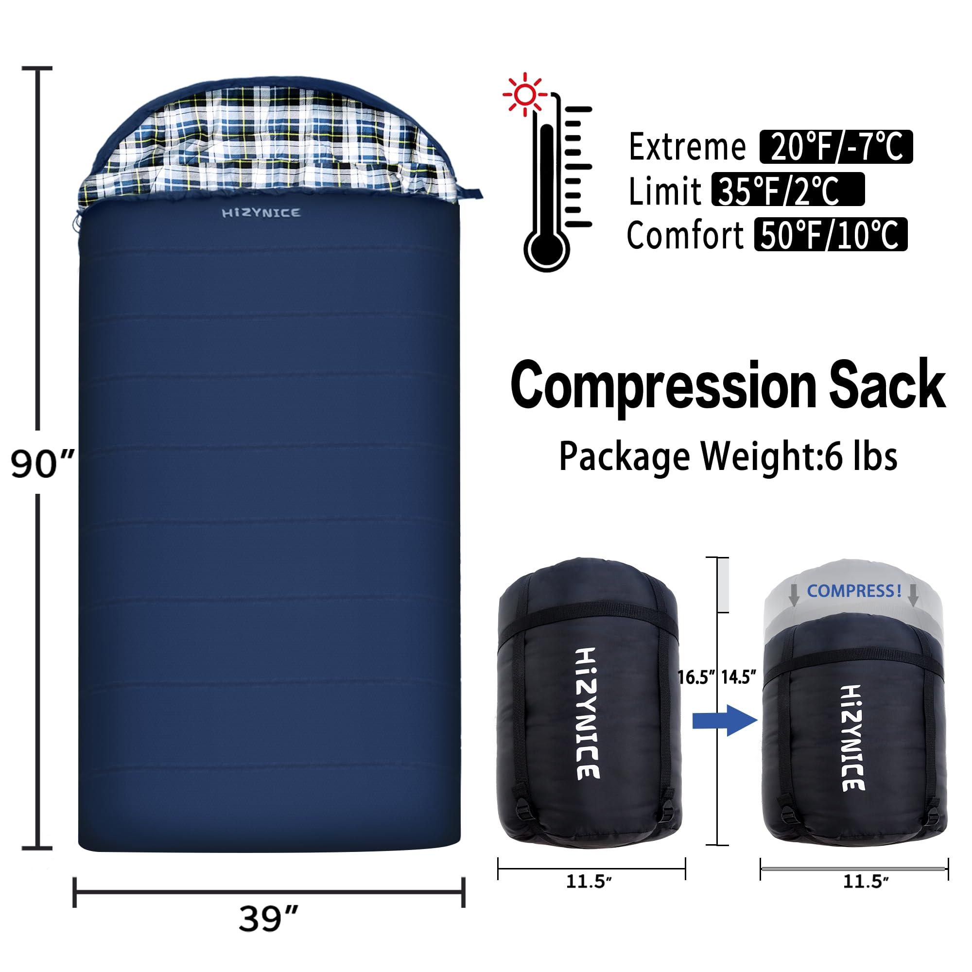 HiZYNICE HiZYNICE Sleeping Bags for Adults 100% Cotton Flannel XXL for Cold Weather 20 Degree Camp Big and Tall Wide Oversized,Navy Blue Left Zip,90" x 39"