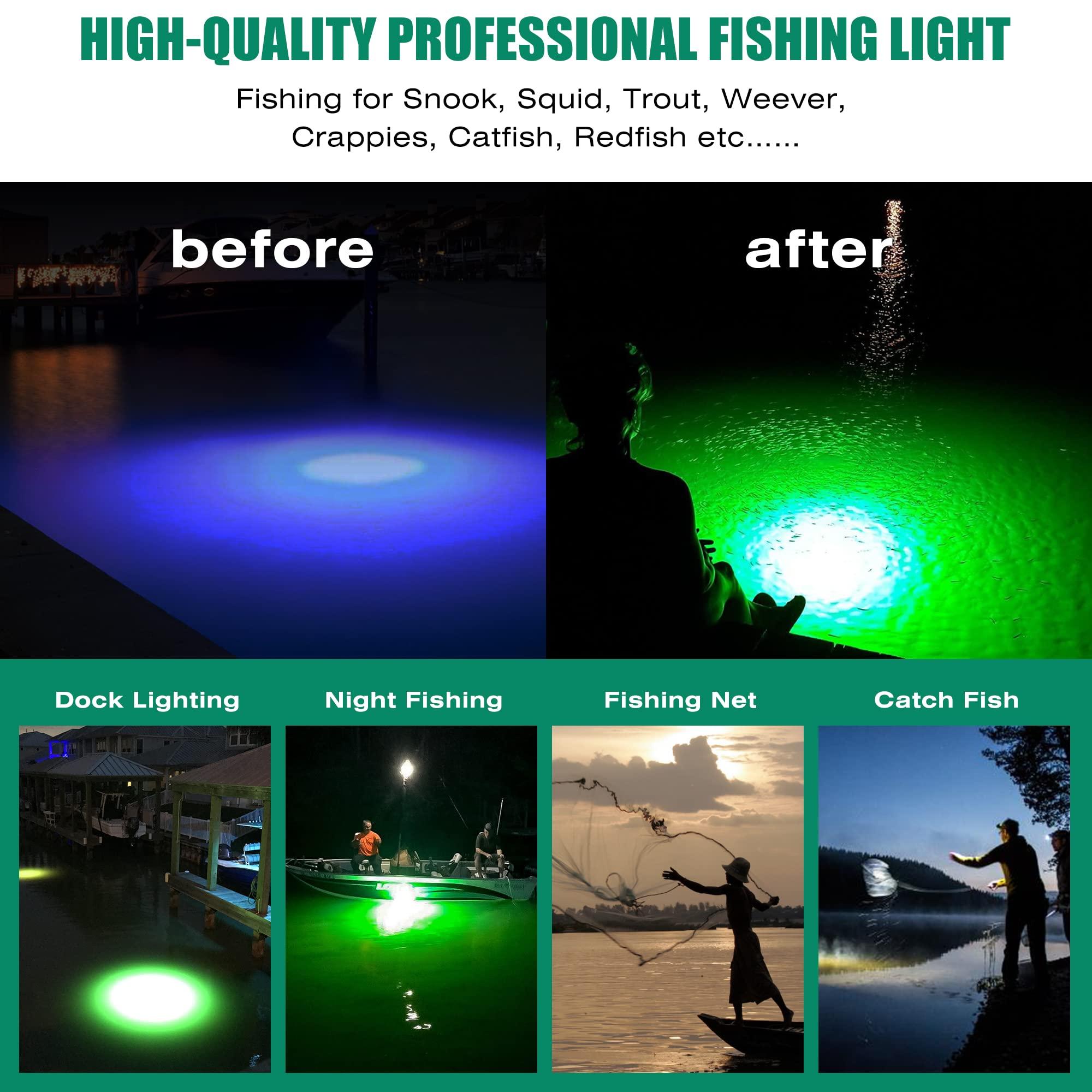 HUSUKU HUSUKU FS3-1 LED Underwater Fishing Light - AC110V 800W 80,000LM with 50ft Cord Green Night Fishing Finder, Fish Attractor, IP68 Led Submersible Lamp for Dock, Crappie, Snook, Squid, Shad, Shrimp