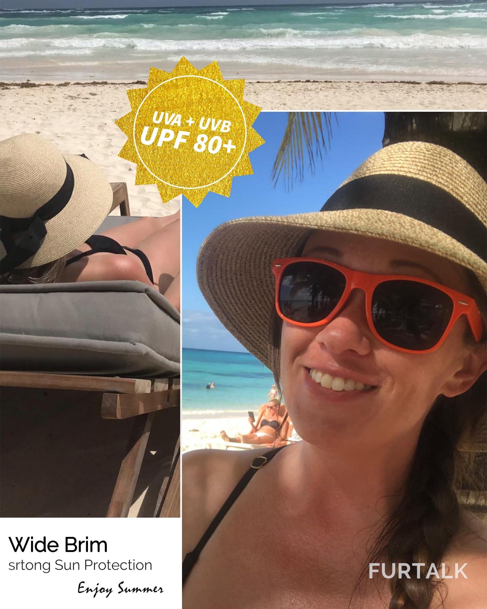 FURTALK FURTALK Womens Beach Sun Straw Hat UV UPF 80+ Travel Foldable Brim Summer UV Hat Black