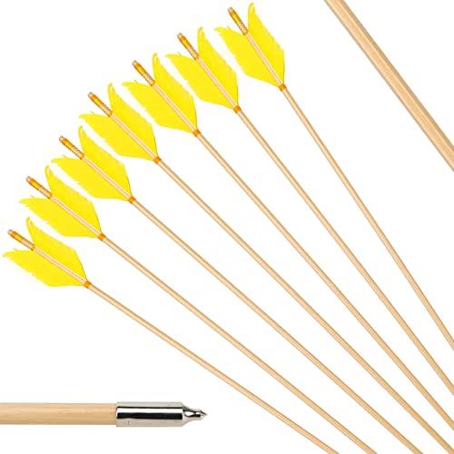 PG1ARCHERY PG1ARCHERY Archery Target Flu-Flu Arrows, 6 Pack Traditional Wooden Arrow 4 Feathers Fletching for Practice Targeting Hunting Yellow