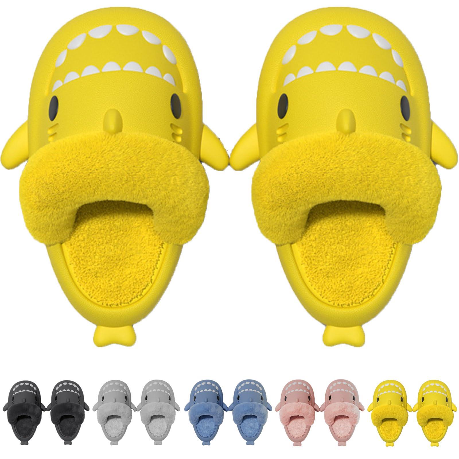 Jfxgjuv Jfxgjuv Sharklas Polares, Sharklas Originales, Sharky Chanclas De Invierno, Summer and Winter Shark Slides Detachable Warm Fuzzy Slippers (Yellow,10.5-11.5 Women/10-11 Men)