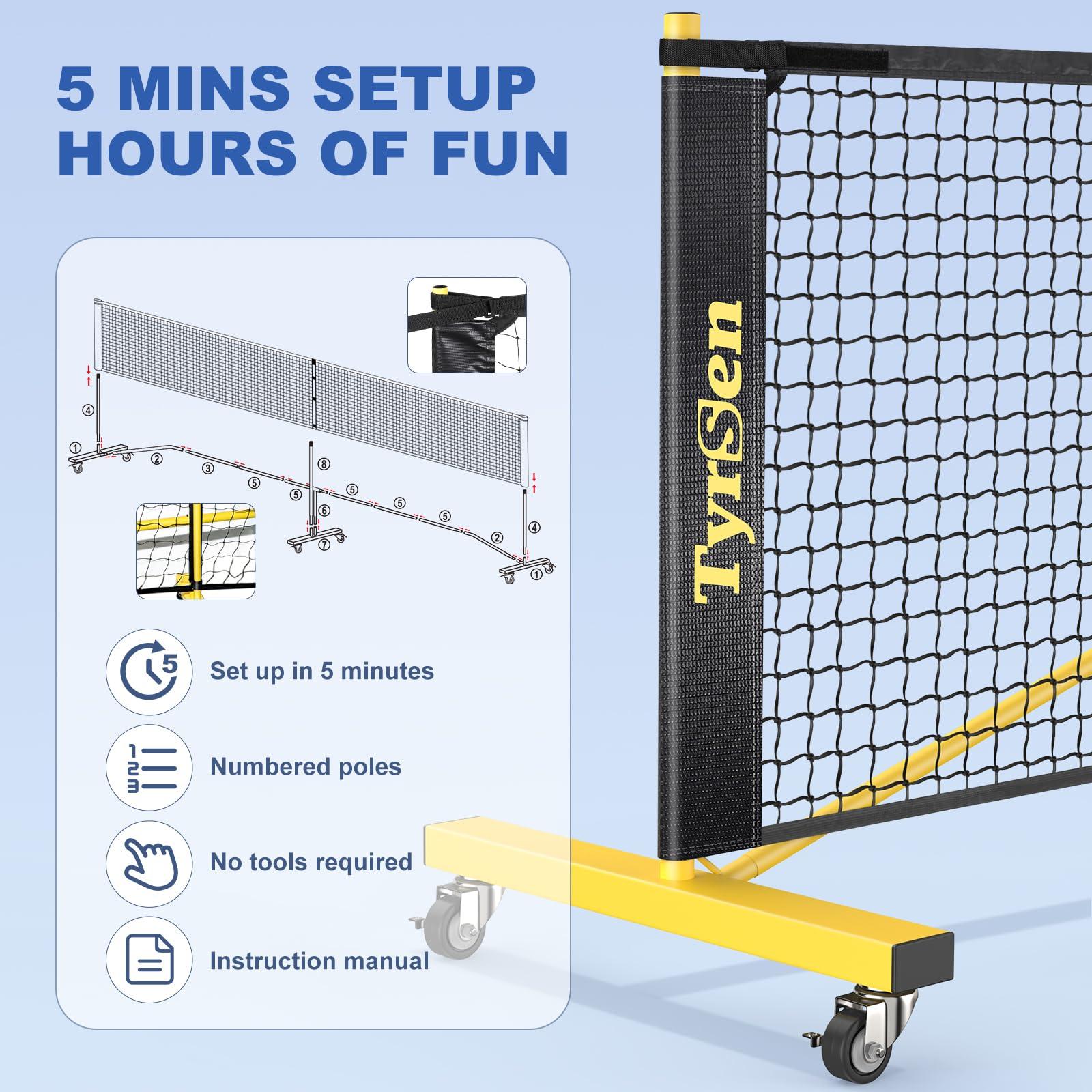 TYRSEN TYRSEN Pickleball Net Set - Pickleball Net on Wheels for Driveway Backyard, 22FT Regular Size, 4 Pickleball Paddles & 6 Balls, 12 Court Markers, 1 Carry Bag, Pickleball Set for Indoor Outdoor Play