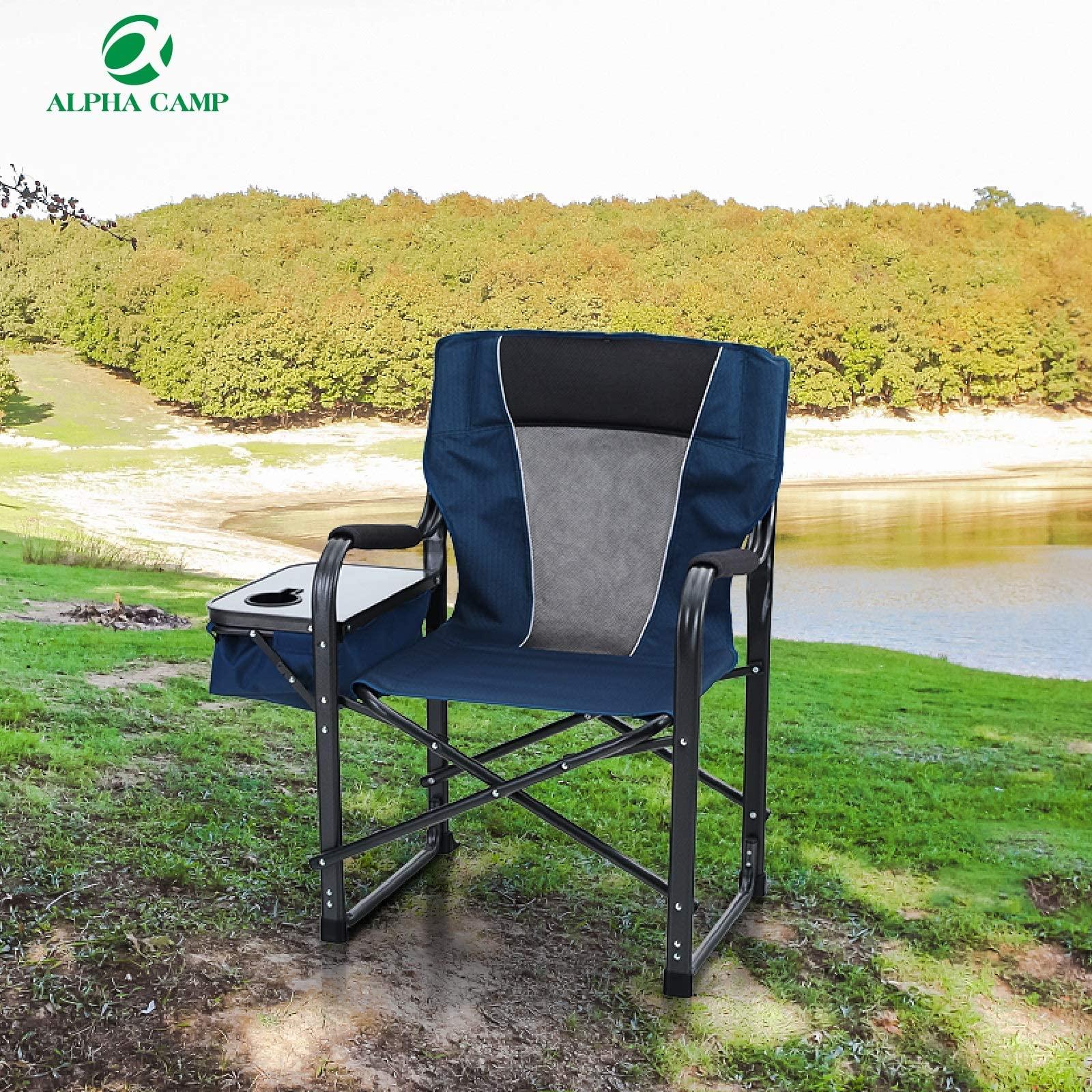 ALPHA CAMP ALPHA CAMP Director Chair with Side Table Heavy Duty Portable Chair with Cup Holder Cooler Bag Steel Outdoor Folding Chair for Adults Oversized Lawn Chair for Camping, PicnicCapacity-350 lbs