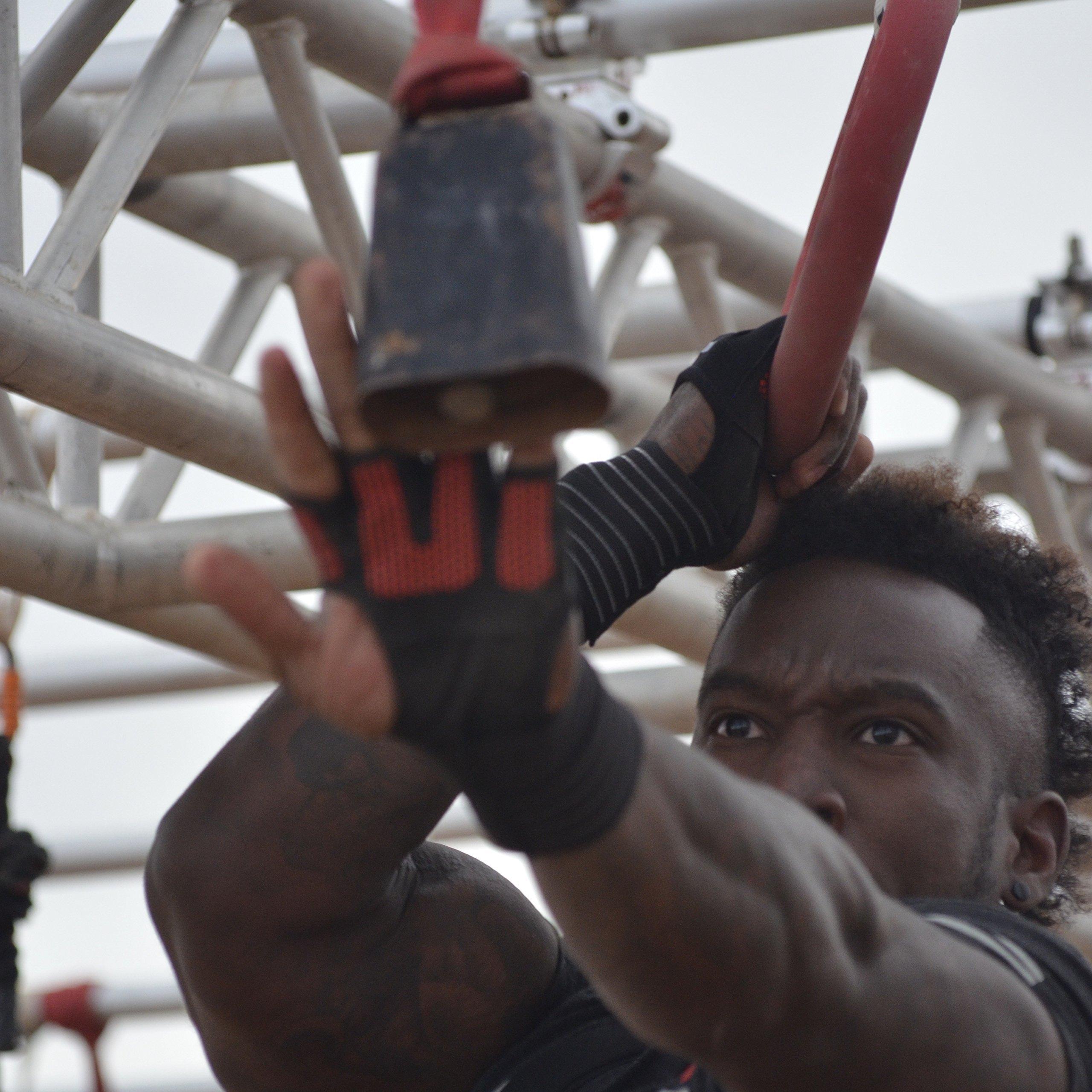 Fit Four Fit Four OCR Slit Grip Gloves Obstacle Course Racing & Mud Run Hand Protection | Wrist Support with Slit for Fitness Watch (Black/Red, Small)