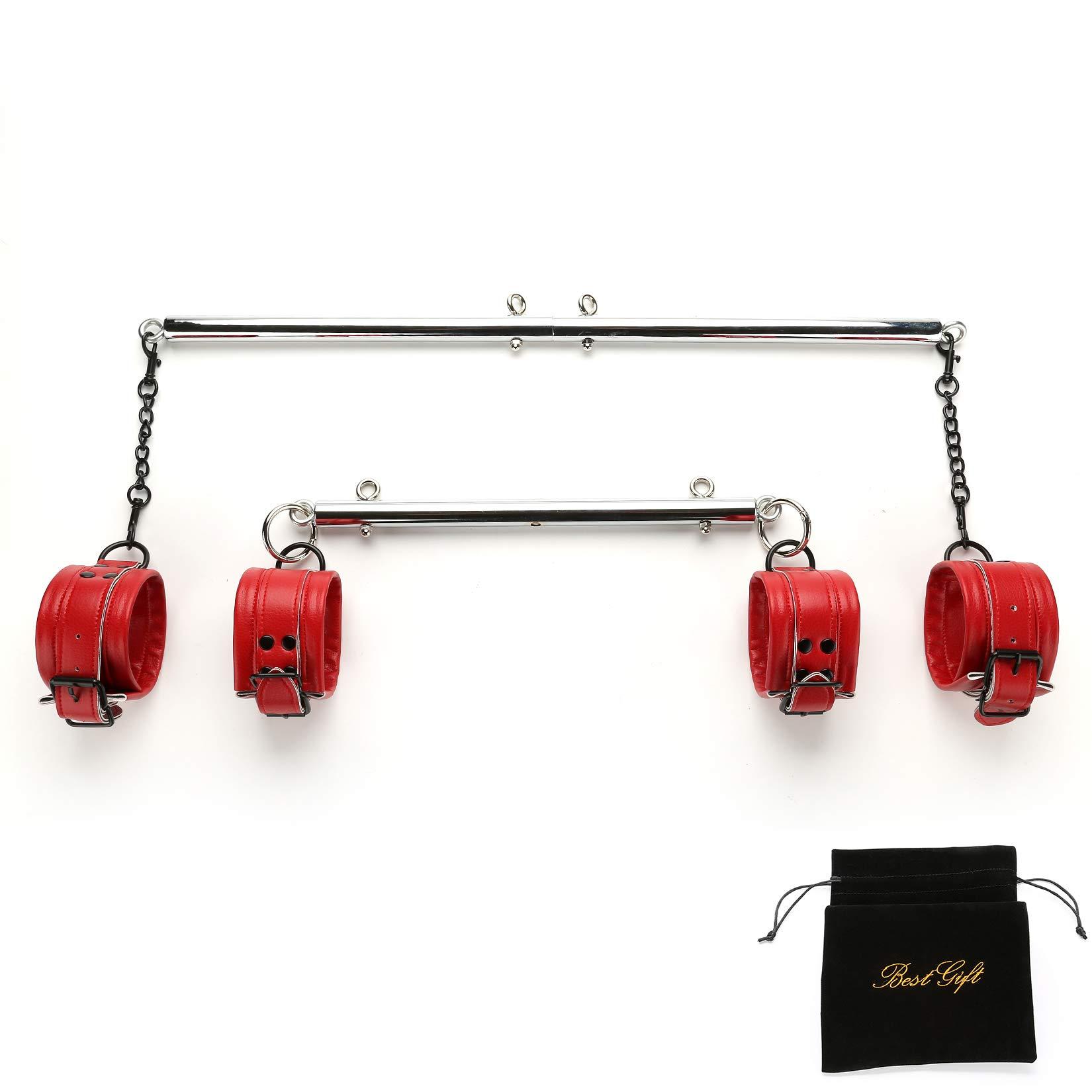 EXREIZST EXREIZST Expandable Adjustable 2 Spreader Bar with 4 Leather Straps Sports Fitness System Set Kit, Black (Silver/Red)