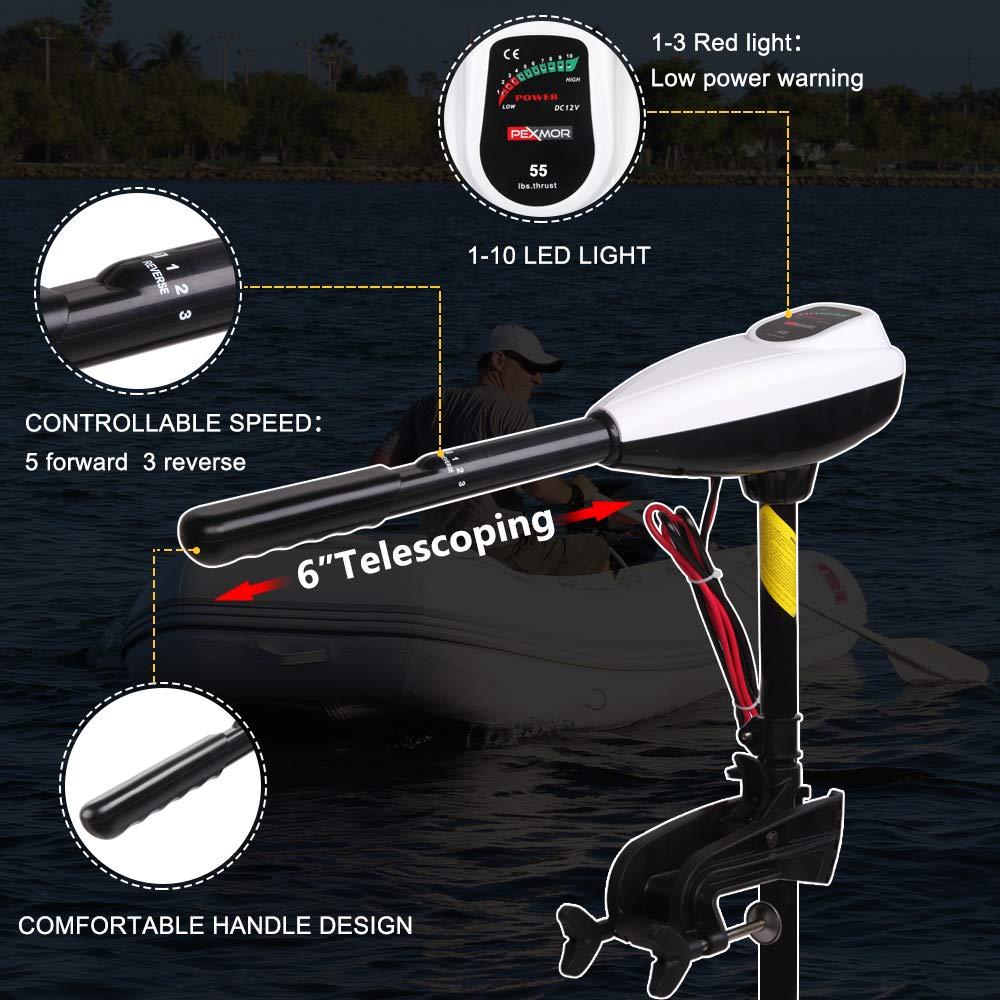 PEXMOR PEXMOR 55LBS Thrust 8 Speed Electric Trolling Motor, Electric Outboard Boat Motor w/Adjustable Handle & LED Indicator, Transom Mounted for Saltwater, Kayak, Fishing Boat