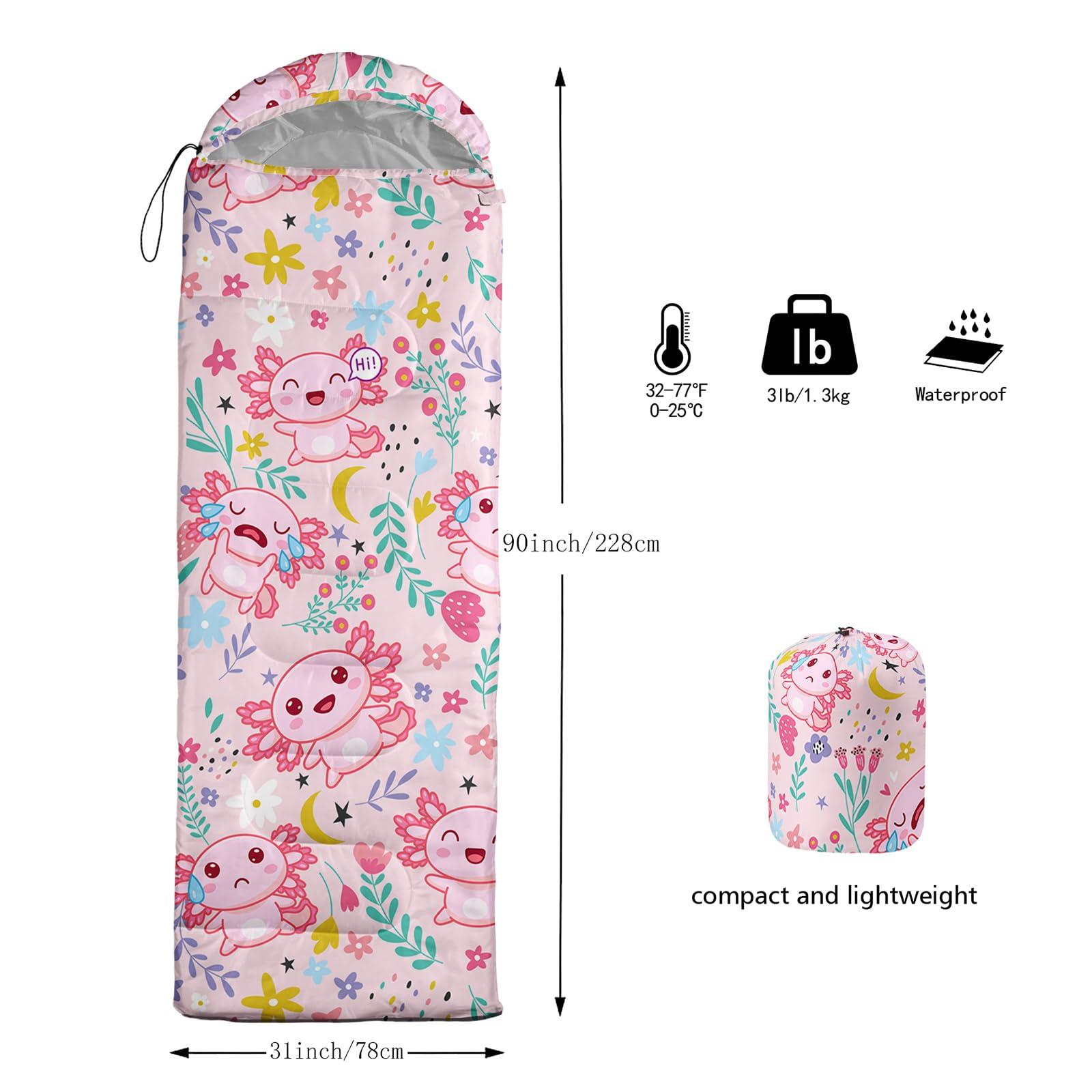 QOOMO QOOMO Cute Axolotl Printed Camping Sleeping Bags,3 Season Warm & Cool Weather,Lightweight,Waterproof Sleeping Bags for Adults & Kids,Traveling,and Outdoors,Camping Gear Equipment, 31x90inch