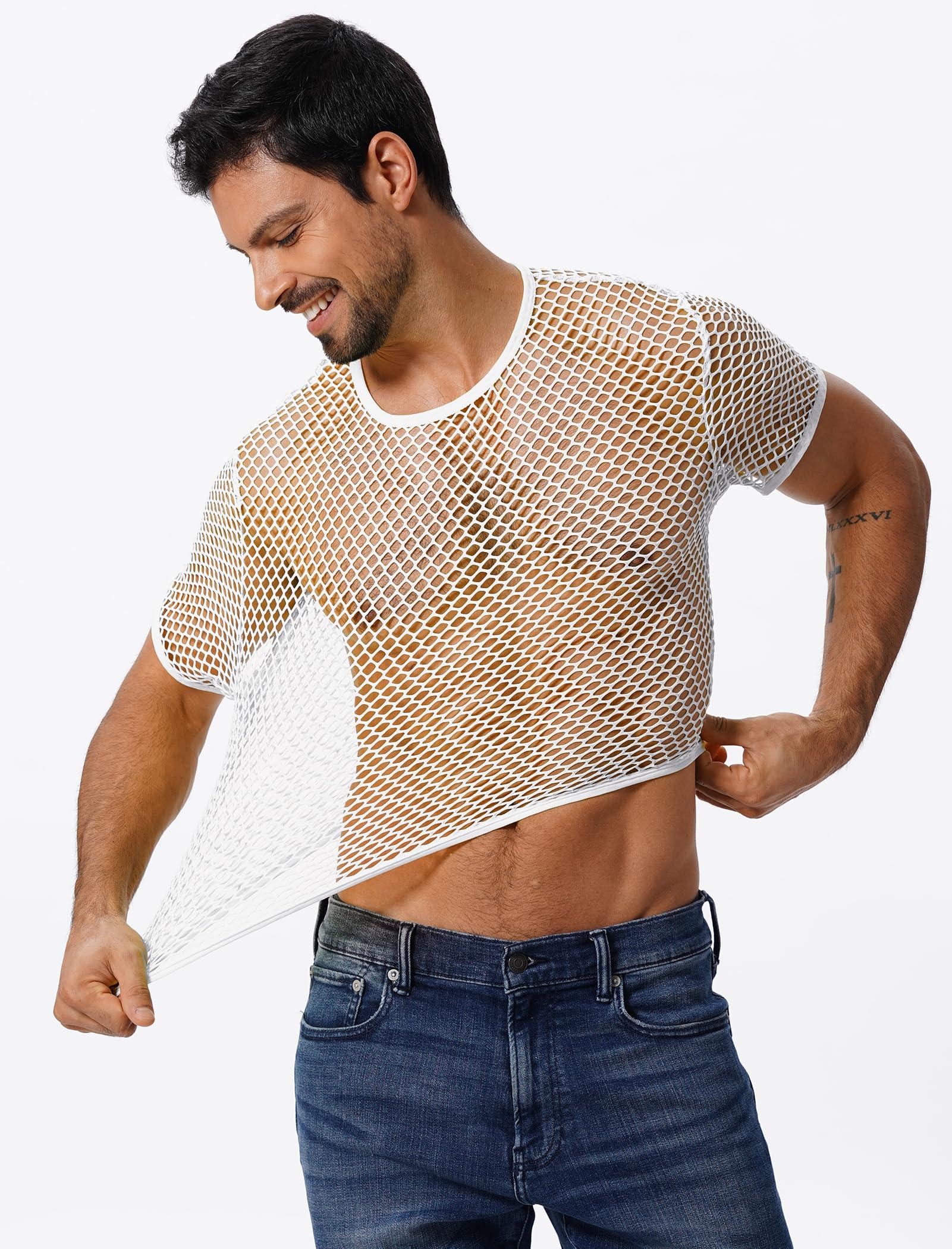 FYMNSI FYMNSI Men's Fishnet Top Mesh Tee Shirt Short Sleeve Round Neck Crop Top Party Club Rave Outfits for Men Muscle Workout Tank Tops See Through Undershirt Gym Training Sports Half Shirt Tops White XXL