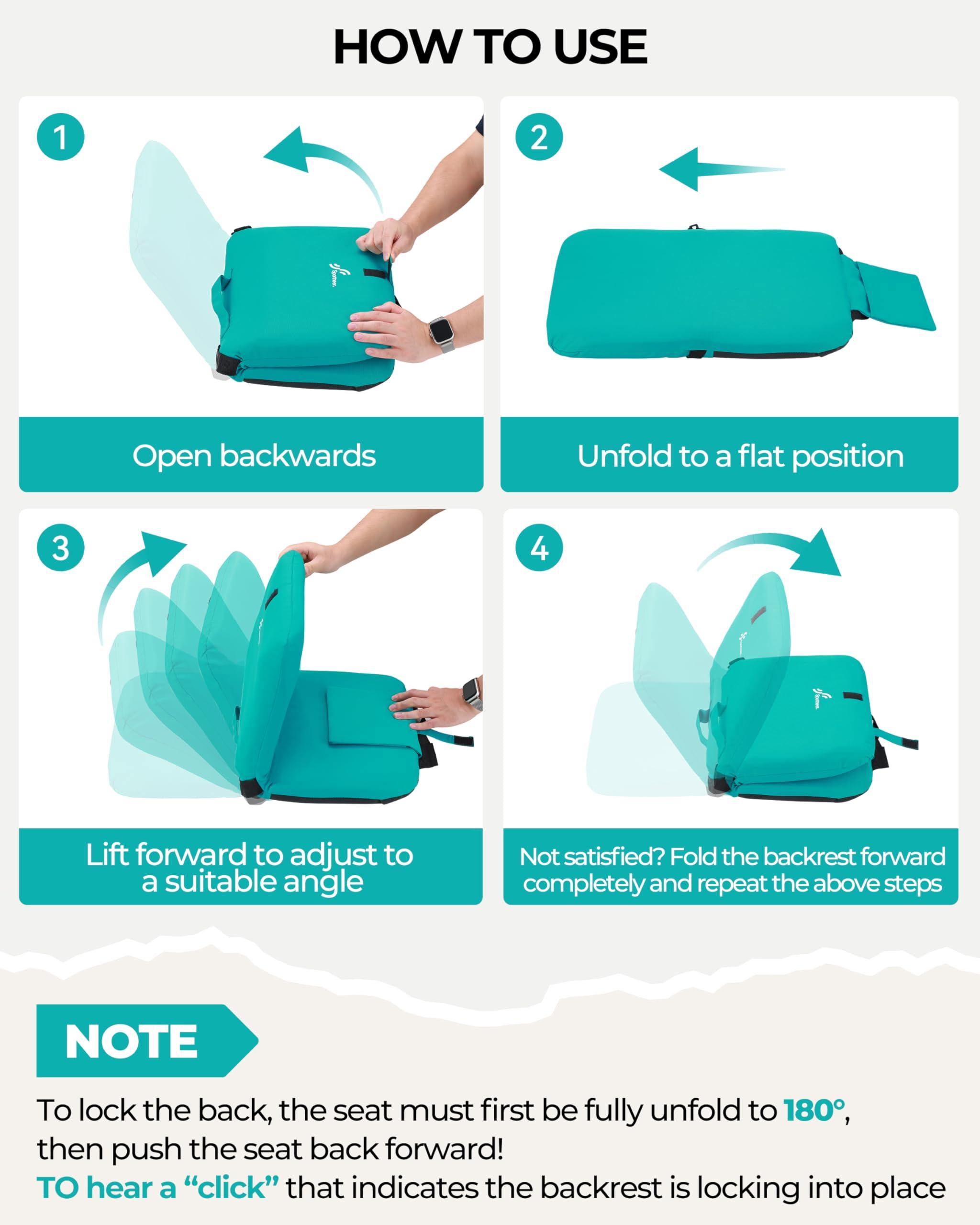 Sportneer Sportneer Bleacher Chairs with Back and Cushion: 6 Reclining Positions Bleacher Seat with Carry Handle & Storage Pocket - Folding Stadium Seats with Back Support for Sports Outdoors, Light Blue 2 Pack