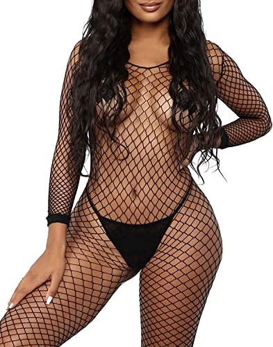 Walang Lip Walang Lip Women's Sexy Mesh BodyStocking Fishnet Lingerie Long Sleeve Bodysuits One Piece Jumpsuit Underwear Nightwear for Romantic Date Wearing (Black)