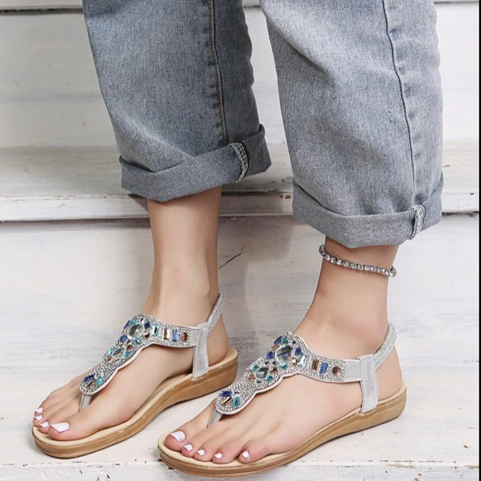 ZBYY ZBYY Women's Flat Sandals,Summer T Strap Flip Flops Sandal with Rhinestone Beaded Bohemian Dress Gladiator Sandal Shoes