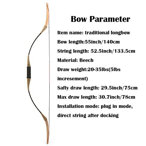 HNZMDY 55 Inch Traditional Longbow 20-35 Lbs Takedown Recurve Bow Horsebow Traditional Wood Hunting Bows Right Hand and Left Hand for Target Shooting Practice (35 Lbs, bow set)