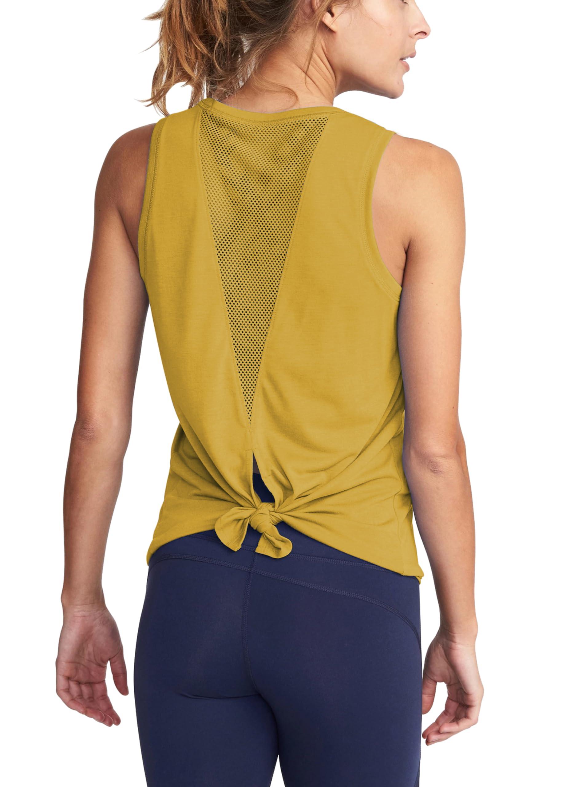 Bestisun Bestisun Tie Back Workout Tank Tops Mesh Back Athletic Gym Sports Shirts for Women Yellow XL
