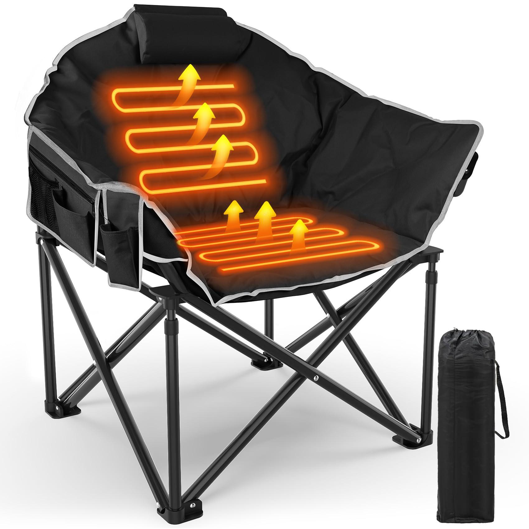 Slendor Slendor Heated Camping Chair, Oversized Heated Chairs Outdoor Sports, 3-Levels Adjustable Heated Camp Chair for Fishing, Sports, Lawn with Pillow, Padded, Storage Bag, Supports 440lbs, Black