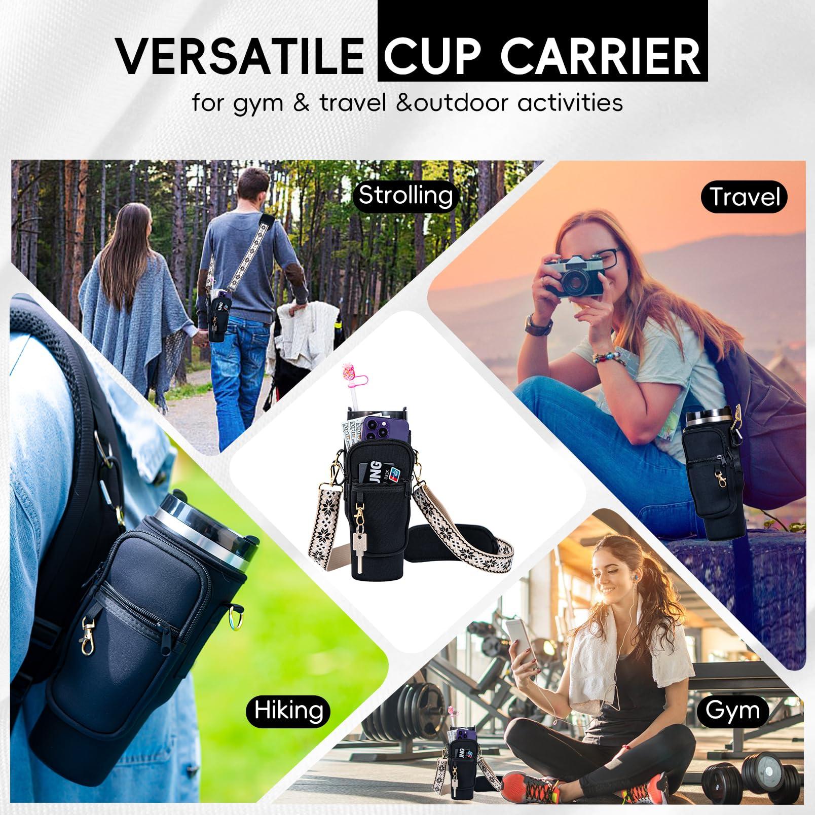 SWANSWIFT SWANSWIFT Upgraded Stanley Cup Carrier Bag Accessories for 40oz/30oz with Phone Pocket Tumbler Water Bottle Holder with Adjustable Strap with 2 Straw Covers &1 Carabiner (Black)