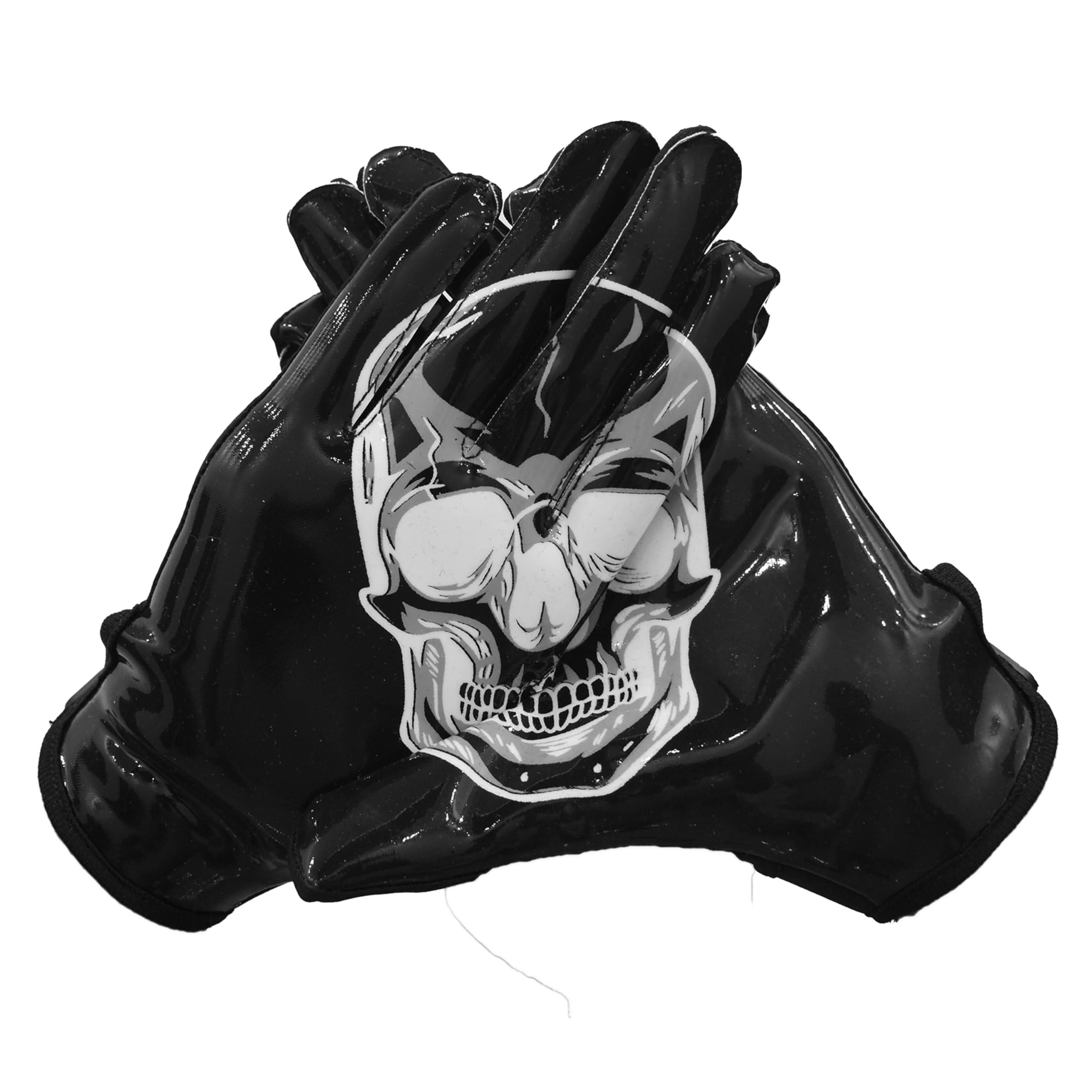 SAHO Skull Football Gloves - Tacky Grip Skin Tight Enhanced Performance Football Gloves - Skeleton Pro Elite Super Sticky Receiver American Football Gloves - Adult & Youth Sizes Black Color (Adult L)